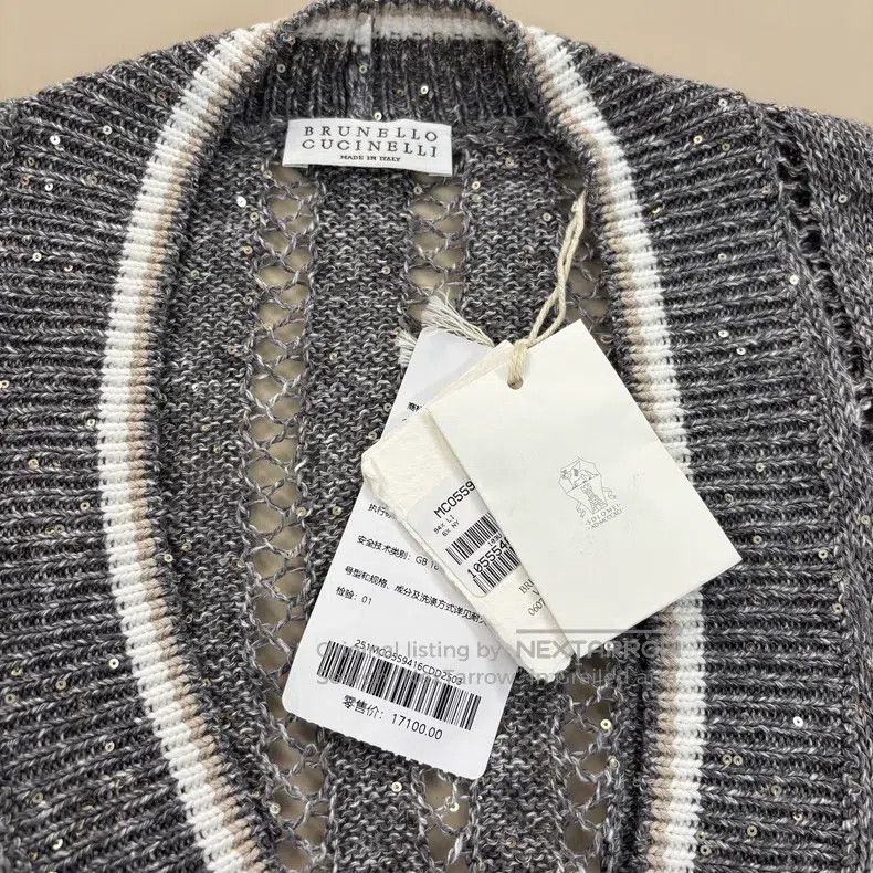 Brunello Cucinelli Brunello Cucinelli Grey Sequin Knit Cardigan with Netted O Size S / US 4 / IT 40 - 2 Thumbnail