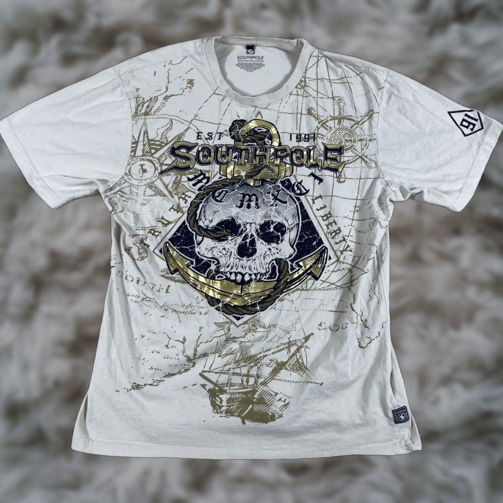 Southpole VINTAGE Southpole Shirt Mens Large Beige Skull Y2K Grunge Emo Nautical Skate Rap Size US L / EU 52-54 / 3 - 1 Thumbnail