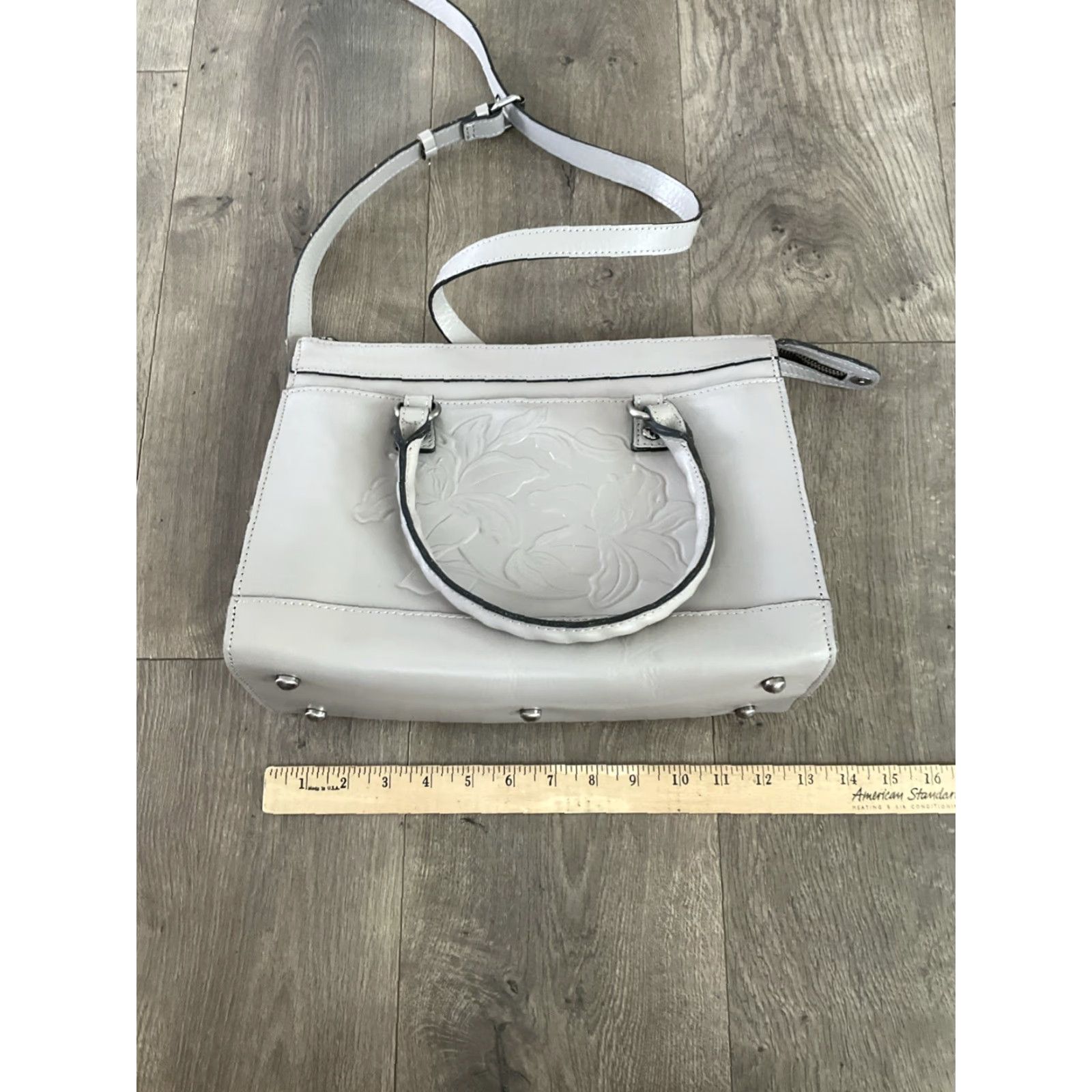 Patricia Nash Patricia Nash Josselin Leather Satchel Stone Tooled - Stone Gray Large Bag with Cross-Body Strap, Lined, Brass Hardware Womens Size ONE SIZE - 7 Thumbnail