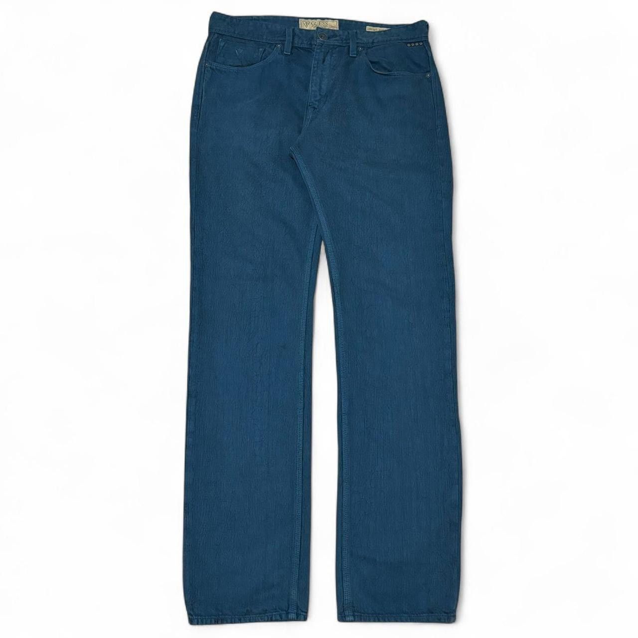 Guess × Vintage Vintage Y2K Guess Teal Cracked Slim Straight Denim Jeans Size US 33 - 1 Thumbnail