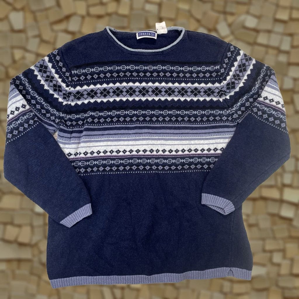 CO VINTAGE Erika & Co Fair Isle Knit Sweater Womens L Blue Cotton 90s Nordic Pullover Size L / US 10 / IT 46 - 1 Thumbnail