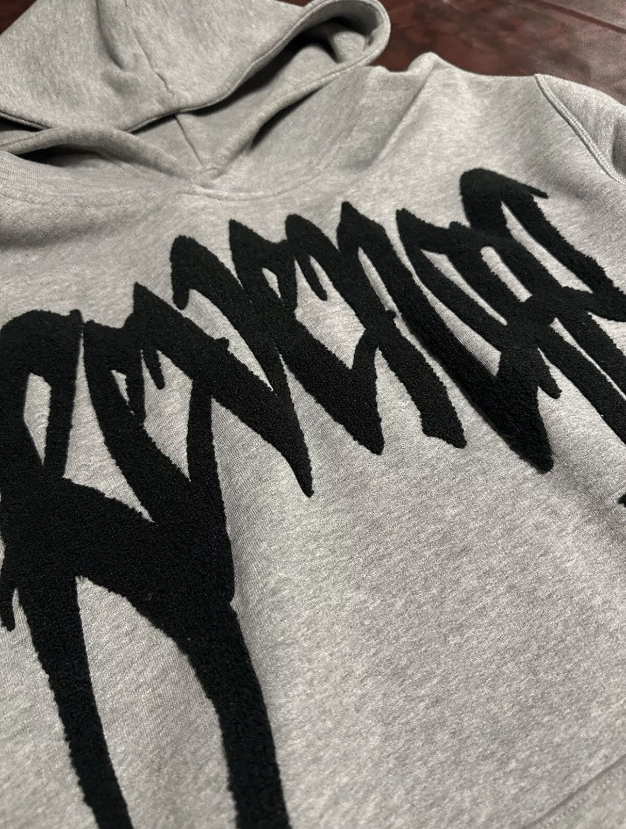 【REVENGE】STONE GREY ALLOVER EMBROIDERED LOGO HOODIE Revenge embroidered hoodie clearance