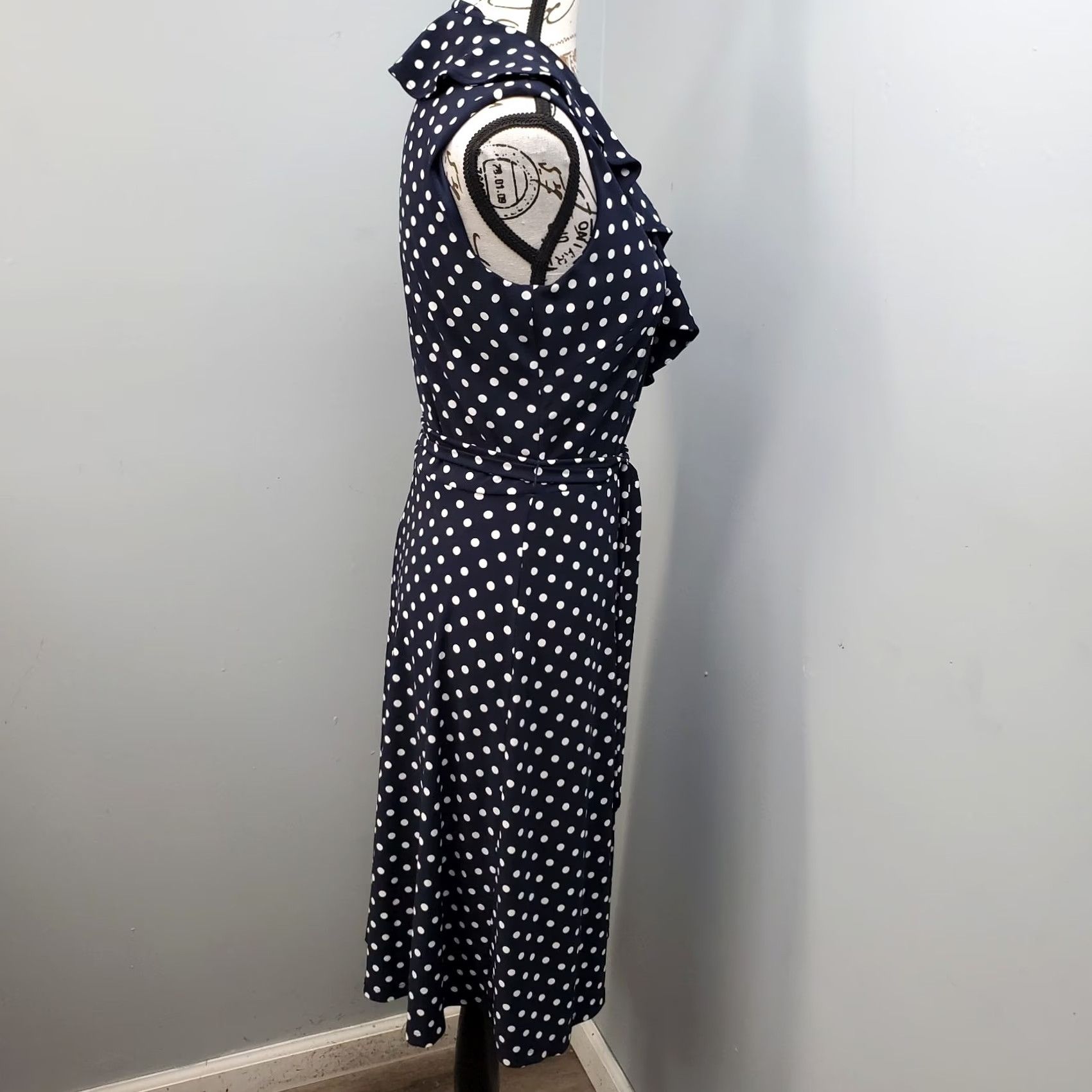 Chaps Chaps Womens Wrap Dress M Blue White Polka Dot Belted Ruffled V-Neck Sleeveless Size M / US 6-8 / IT 42-44 - 8 Thumbnail