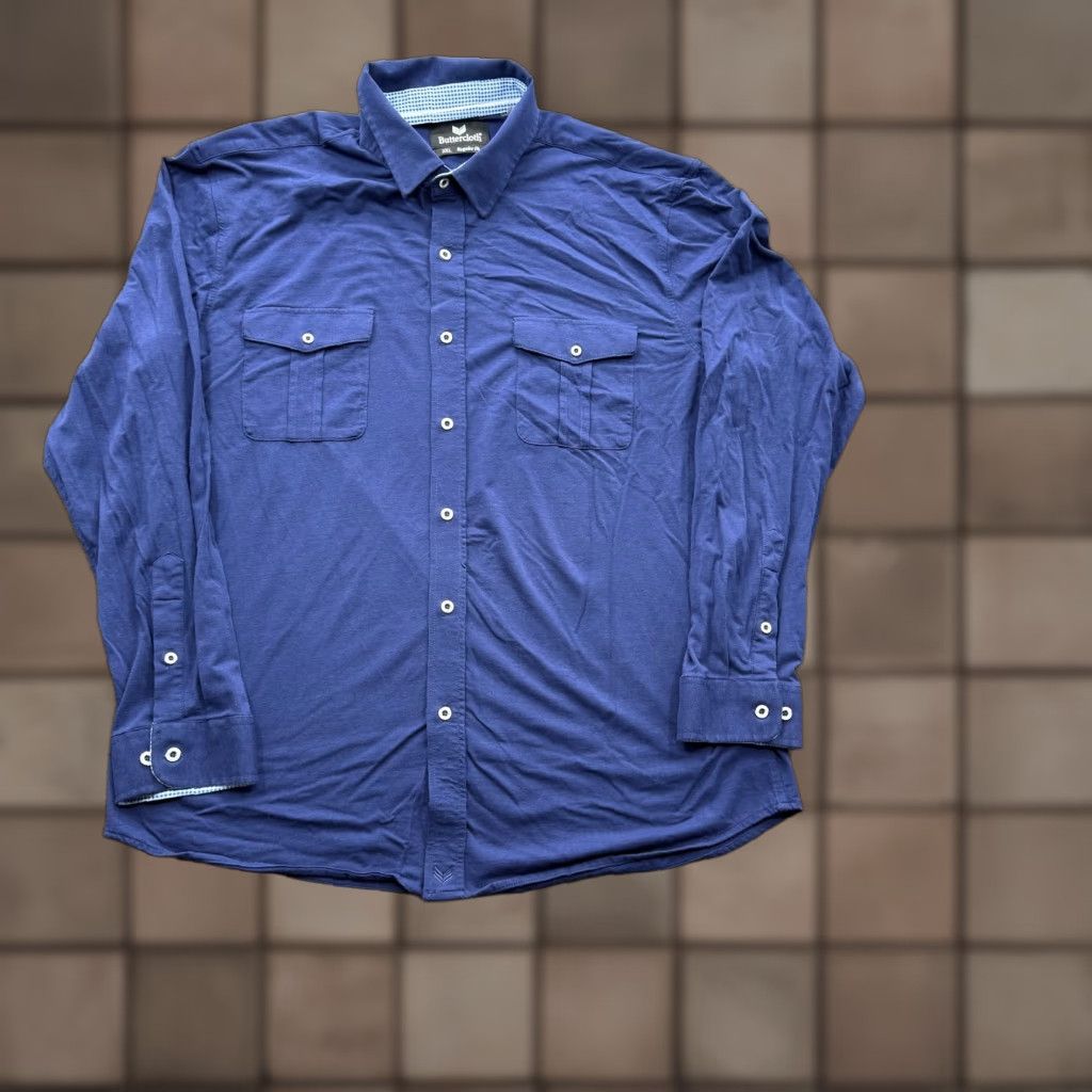 Vintage Buttercloth Shirt Mens 2XL Regular Blue Long Sleeve Button-Up Stretch Pockets Knit Cotton Rayon Spandex Confident Workwear Casual Size US XXL / EU 58 / 5 - 1 Thumbnail