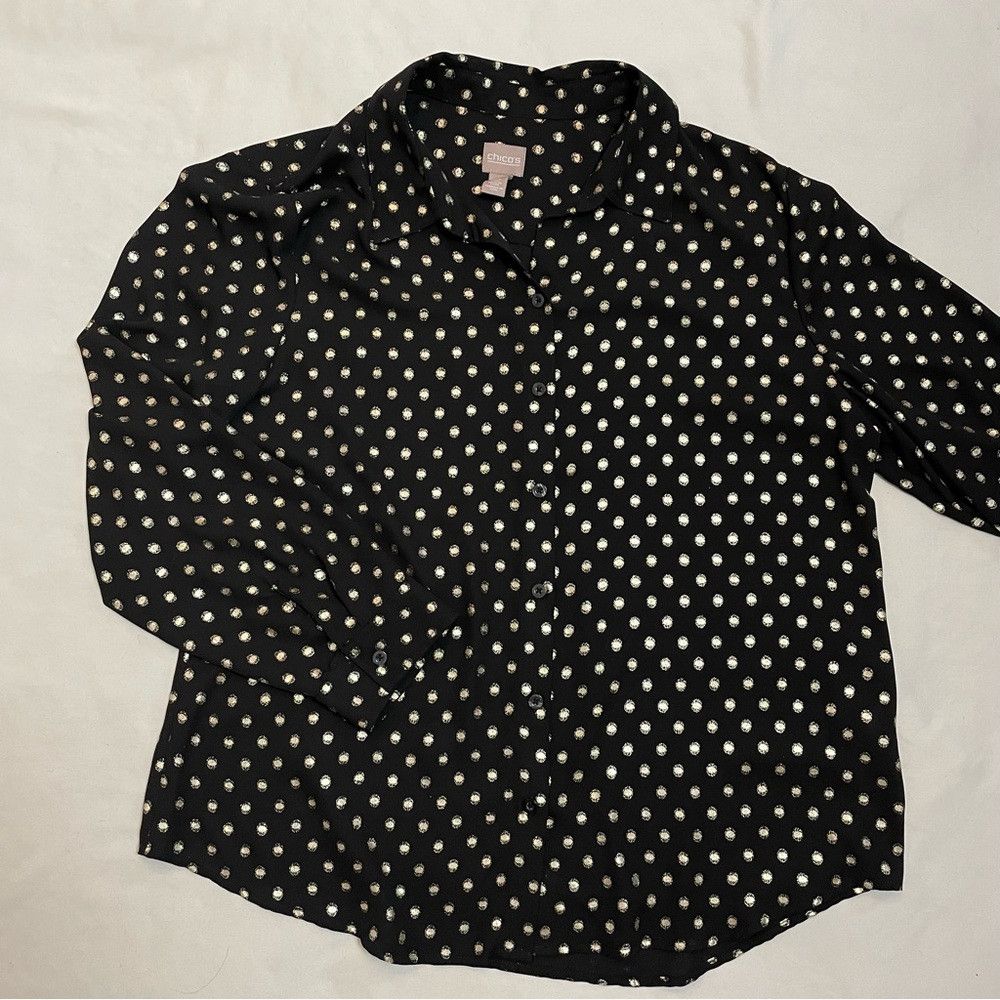 Chicos Chico's Black With Gold Polka Dots Blouse Size 2 US L Size L / US 10 / IT 46 - 5 Thumbnail