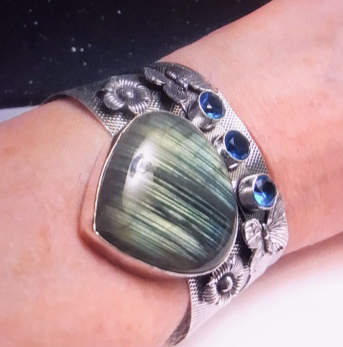 image of Stampd Labradorite Blue Topaz 925 Sterling Silver Cuff Bracelet in Green, Women's