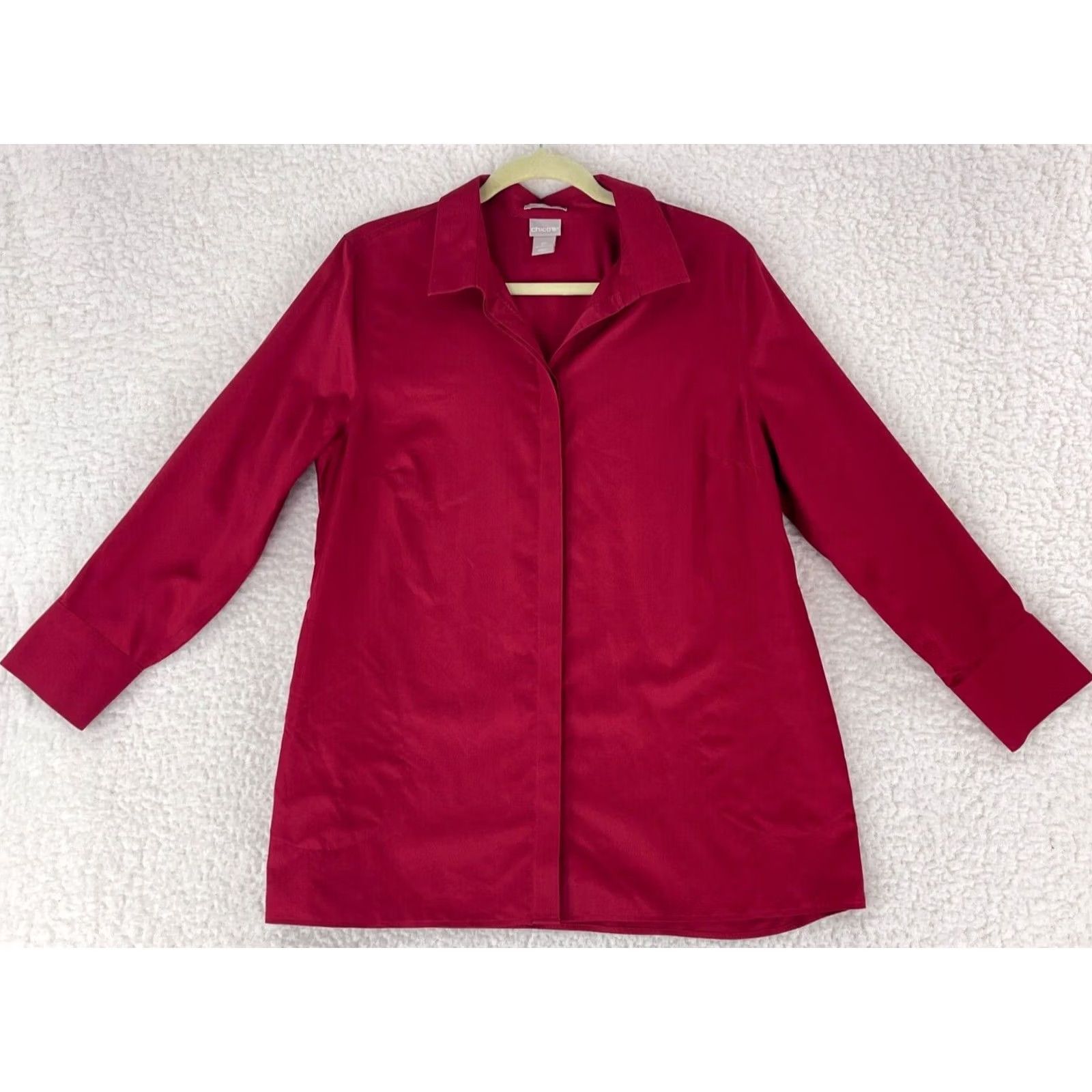 Vintage Chico's Button-Up Shirt Women Red 100% Cotton Petite Long Sleeve Collared Size 12P Size XL / US 12-14 / IT 48-50 - 2 Thumbnail