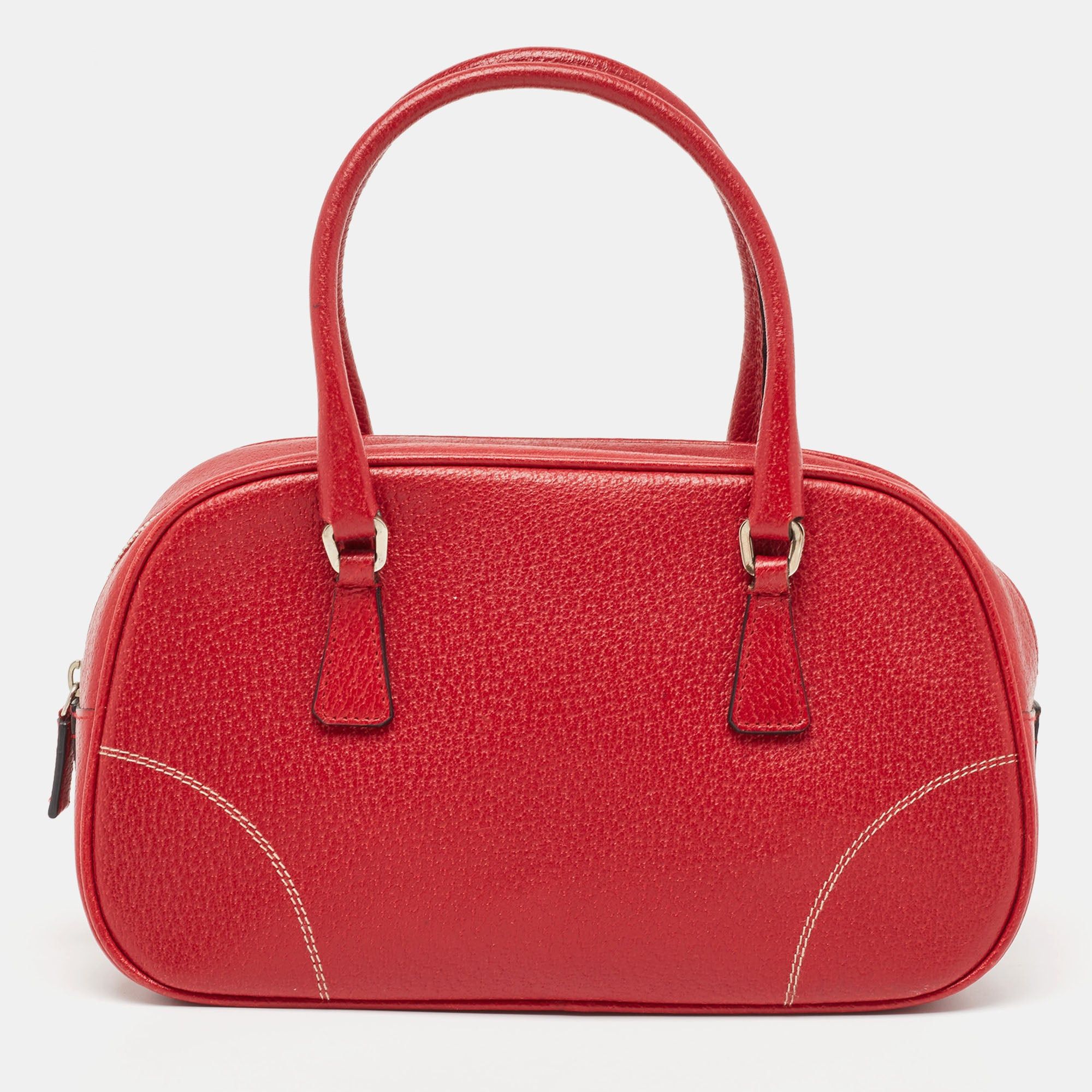 image of Prada Red Leather Mini Bowler Bag, Women's