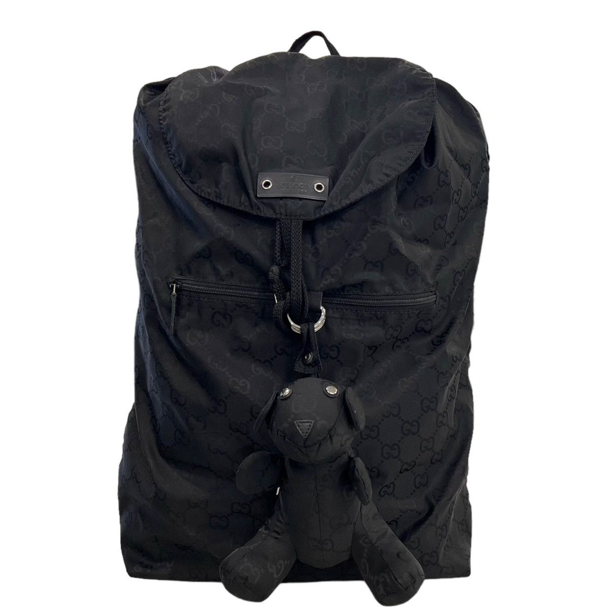 image of Gucci Monogram Nylon Bear Charm Backpack in Black, Women's