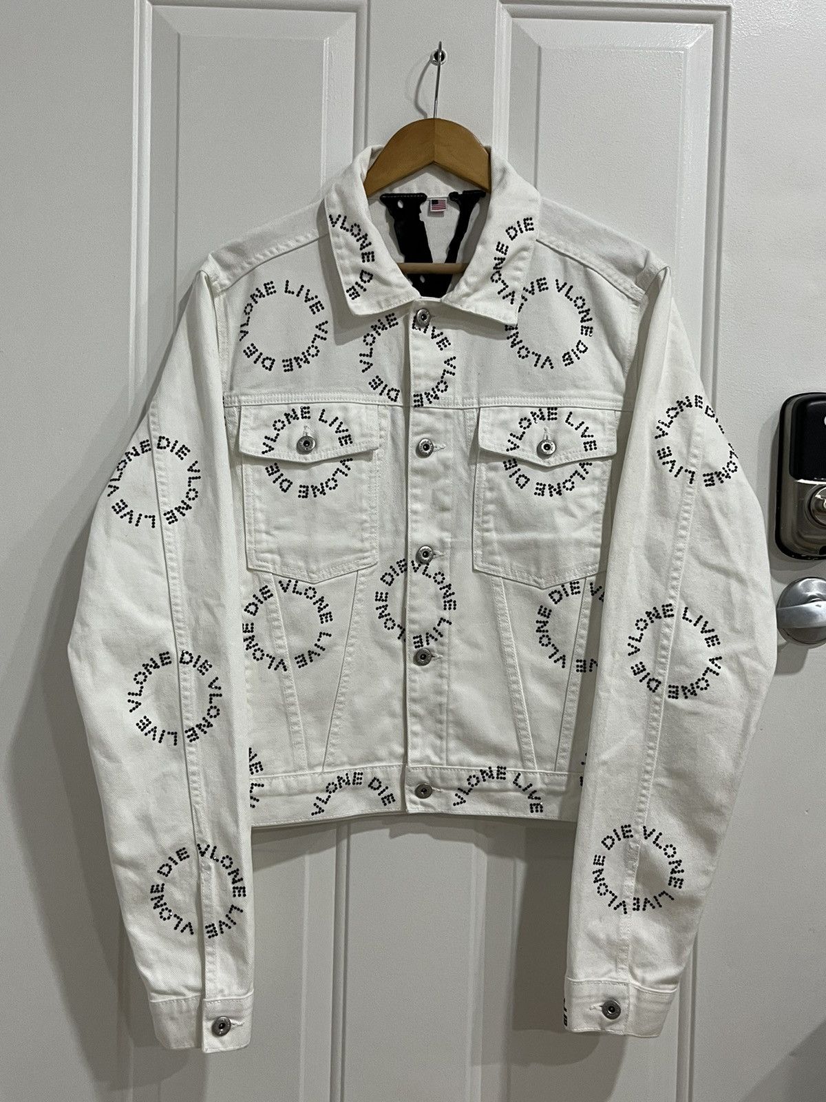 Denim Jacket × Streetwear × Vlone VLONE Rhinestones Live Vlone Die ...