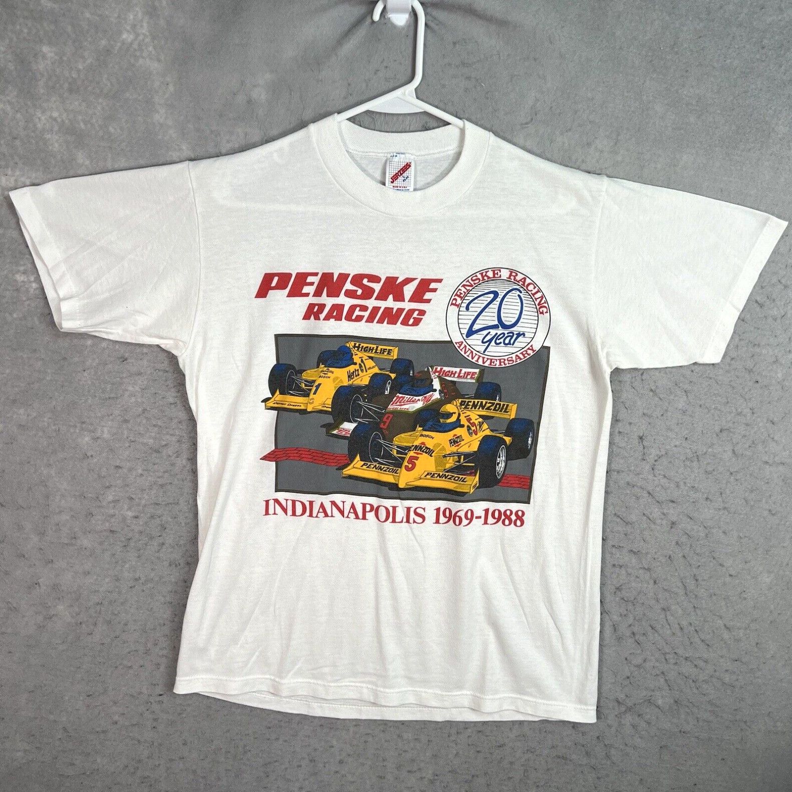 image of Jerzees Vintage 90's Penske Racing Miller High Life Indy Car T Shirt Adult Large White, Men's