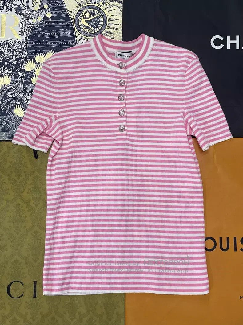 Chanel Chanel Pink striped knitted short sleeves Size XS / US 0-2 / IT 36-38 - 1 Thumbnail