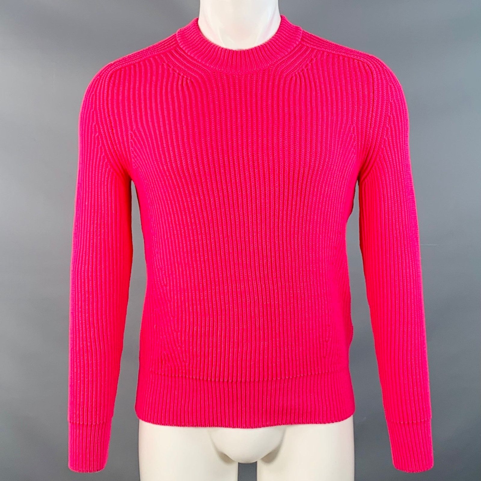 AMI Size S Fuchsia Pink Rib Knit Cotton Blend Crew Neck Sweater Size US S / EU 44-46 / 1 - 1 Thumbnail