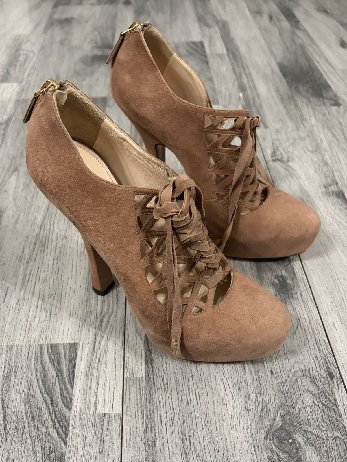 Prada Prada Tan Suede Lace-Up High Heel Booties Size US 7 / IT 37 - 2 Thumbnail