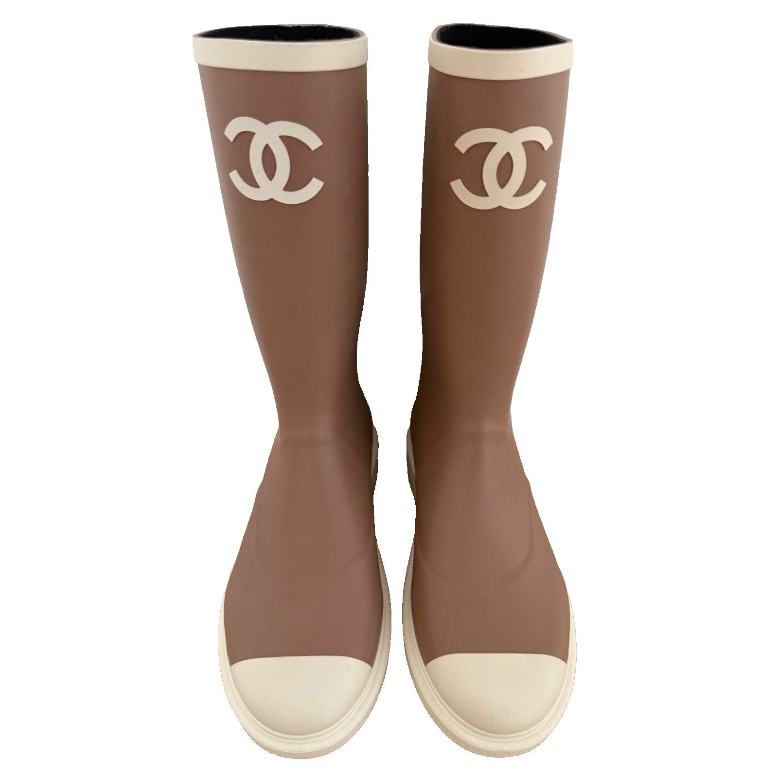 Chanel Chanel 26C Beige White CC Logo High Pull On Rain Boots 38 Size US 8 / IT 38 - 1 Thumbnail