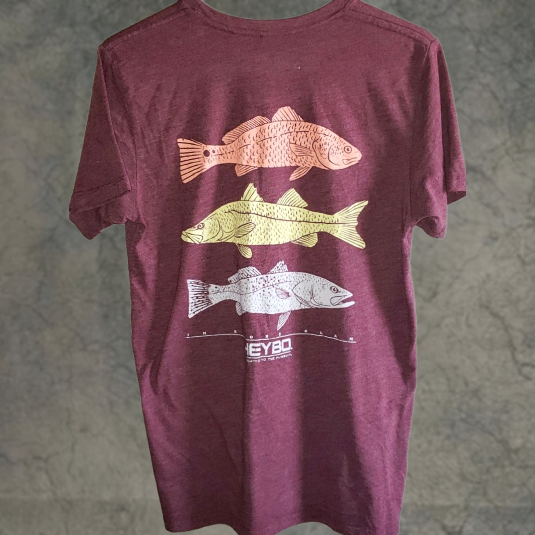 Vintage Heybo Inshore Slam T-Shirt Maroon Mens Medium Short Sleeve Crew Neck Triangle-Blend Graphic Print Fishing Inshore Slam Size US M / EU 48-50 / 2 - 1 Thumbnail