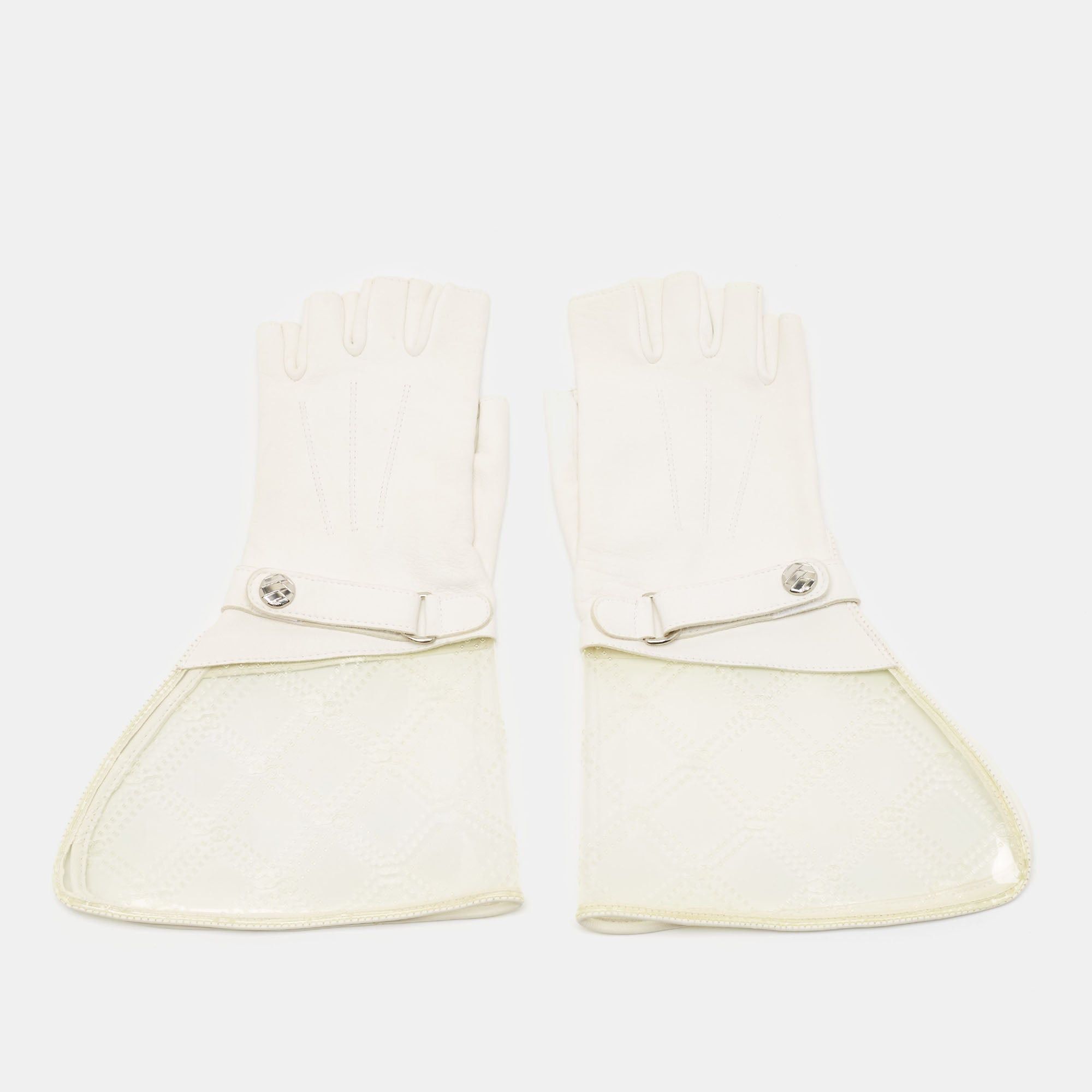 image of Chanel White Leather And Pvc Fingerless Gloves Size 7.5, Women's