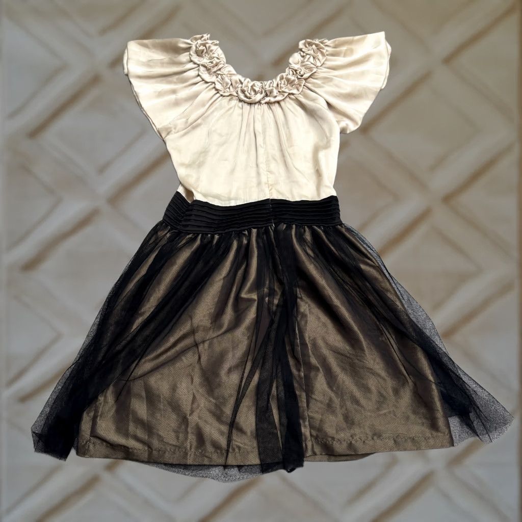 Vintage Ryu A-Line Dress Womens Medium Champagne Bronze Beige Satin Rosette Ruffle Tulle Size M / US 6-8 / IT 42-44 - 1 Thumbnail