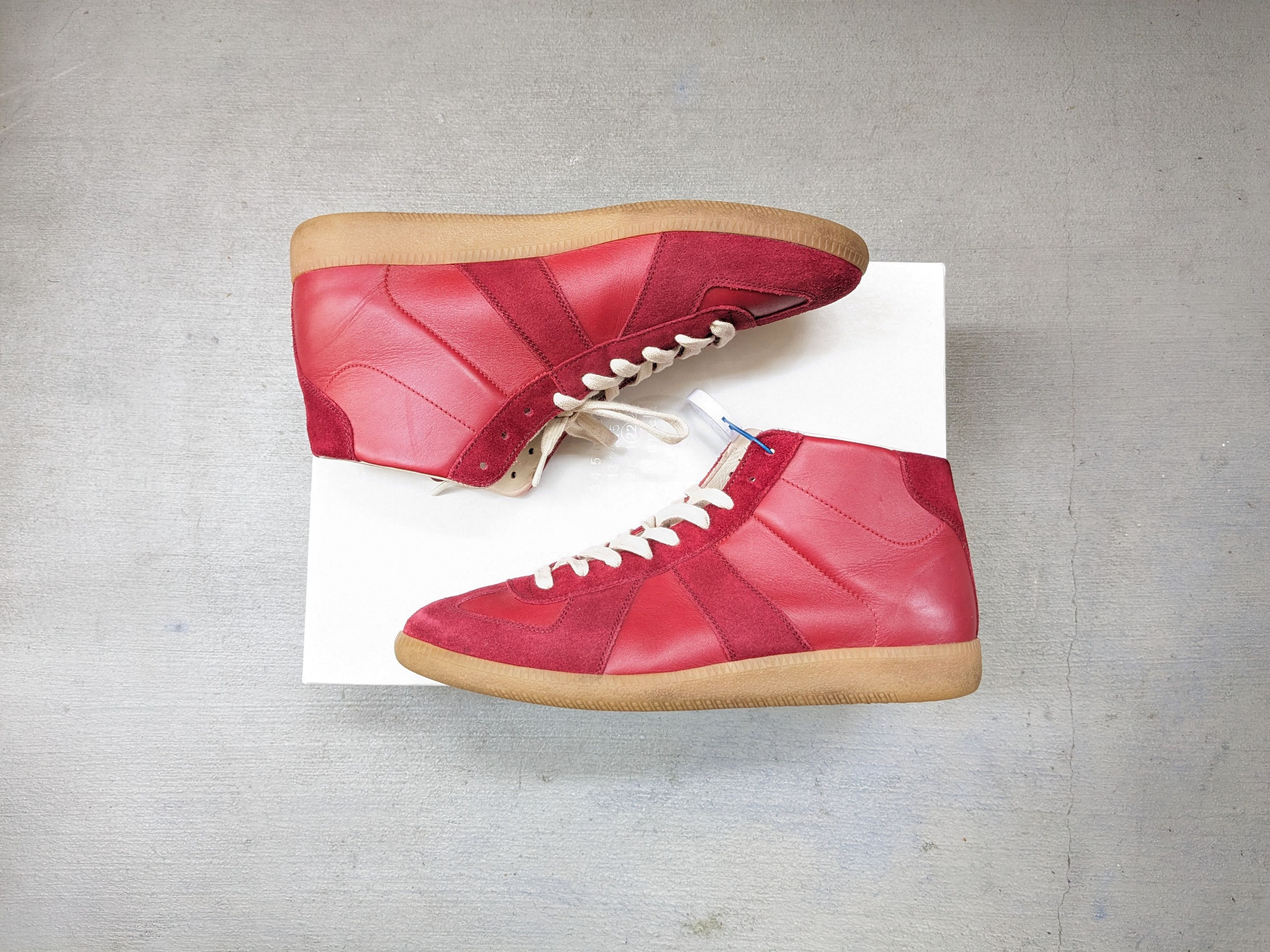 image of Maison Margiela Gat Replica Burgundy High Tops Suede Shoes in Burgundy Red, Men's (Size 9)