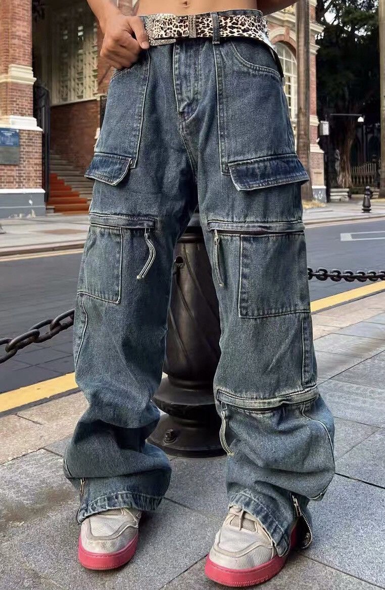 Multi pocket utility grunge cargo jeans unisex