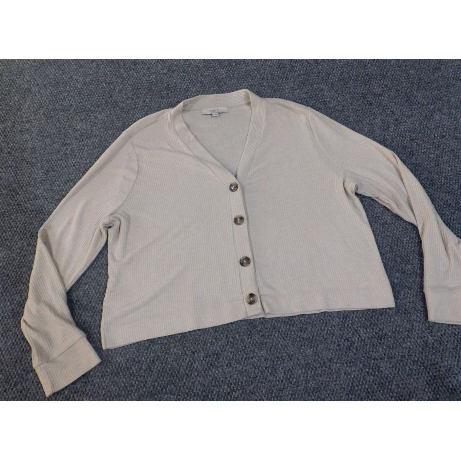 Loft LOFT Cardigan Sweater XL Beige Knit Rib Knit V-Neck Button Womens Stretch Regular Size XL / US 12-14 / IT 48-50 - 3 Thumbnail