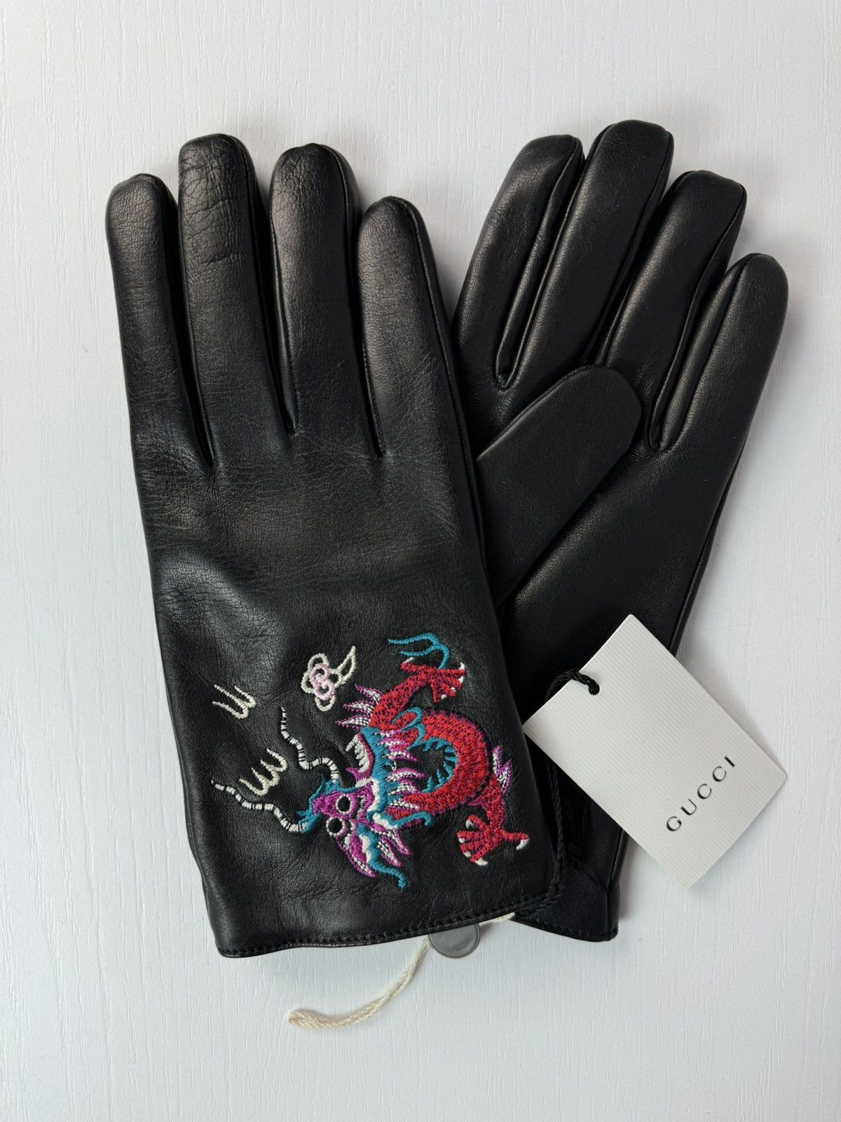 image of Gucci Dragon Black Lambskin Leather Gloves, Men's