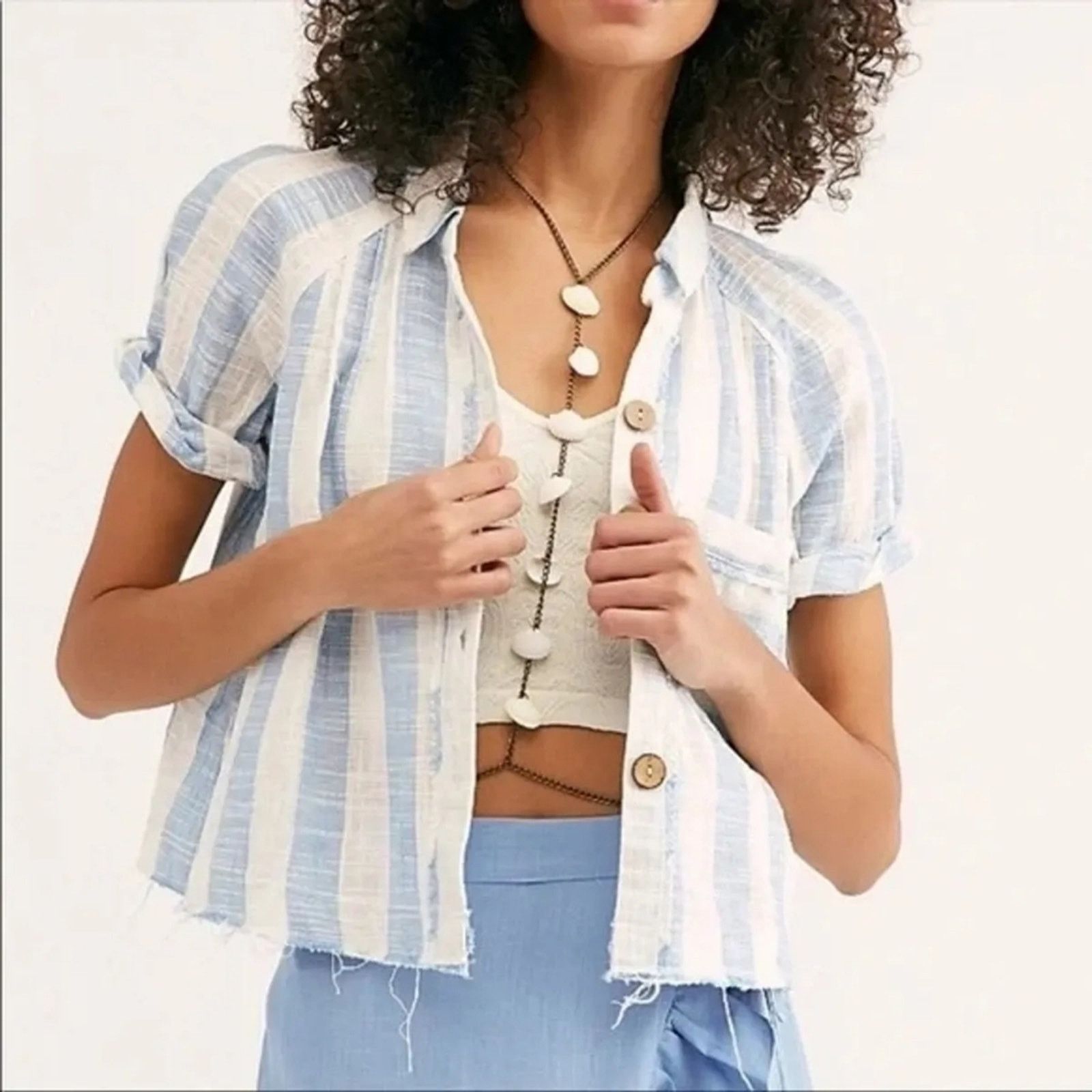 Free People We The Free Away At Sea Striped Linen Top blue M