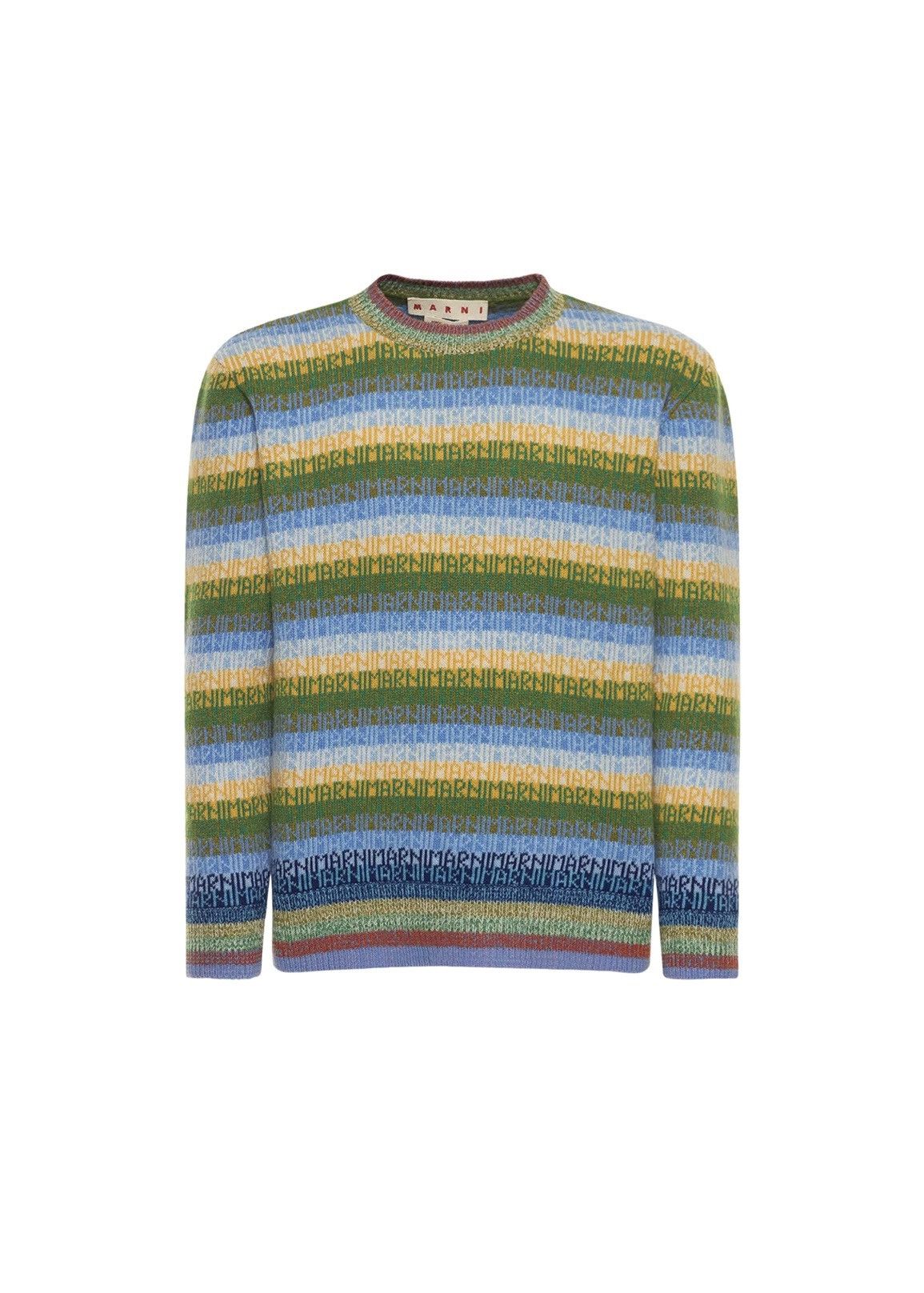 image of Marni Striped Logo Knit Multicolor Wool Crew Sweater in Green, Men's (Size Small)