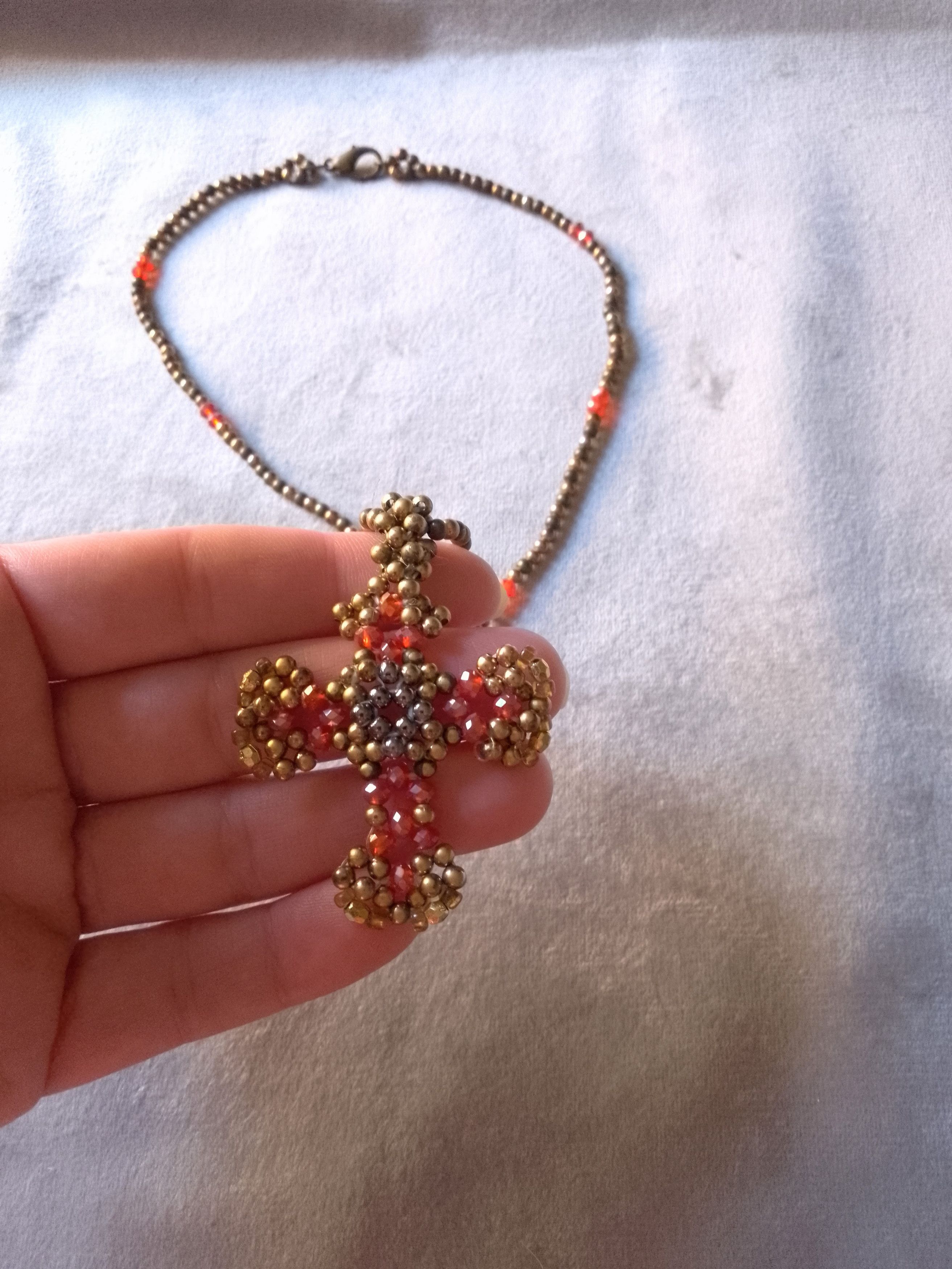 Handmade Necklace Vintage Brass Red Crystal Beaded Cross Pendant Size ONE SIZE - 4 Thumbnail