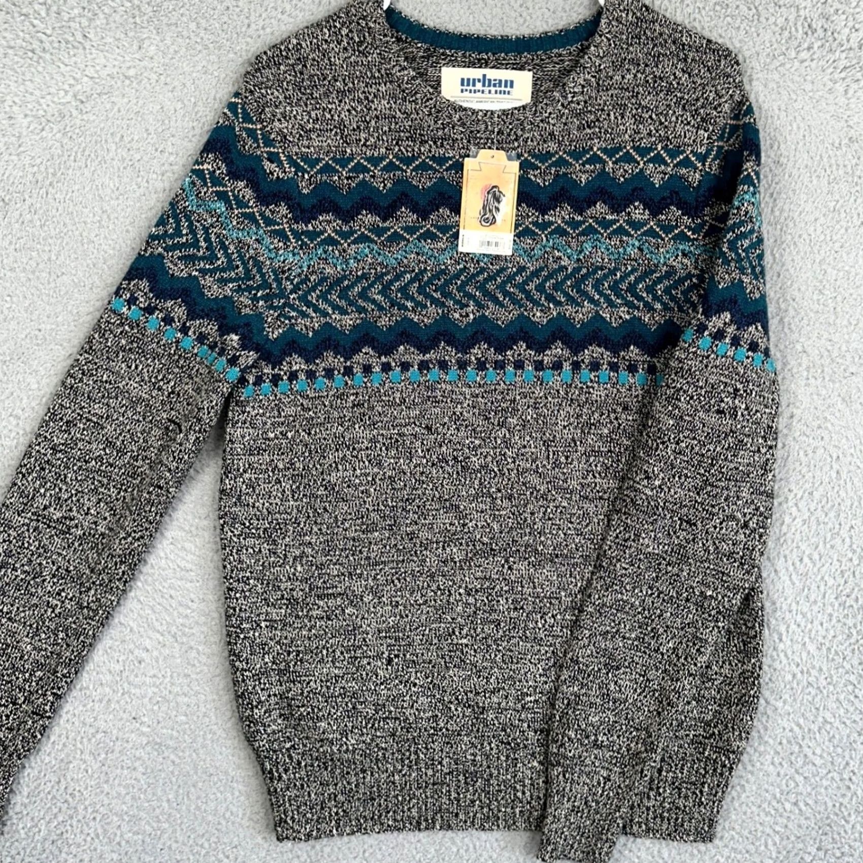 Vintage Urban Pipeline Sweater Mens M Grey Teal Crewneck Fair Isle Pullover Size US M / EU 48-50 / 2 - 2 Thumbnail
