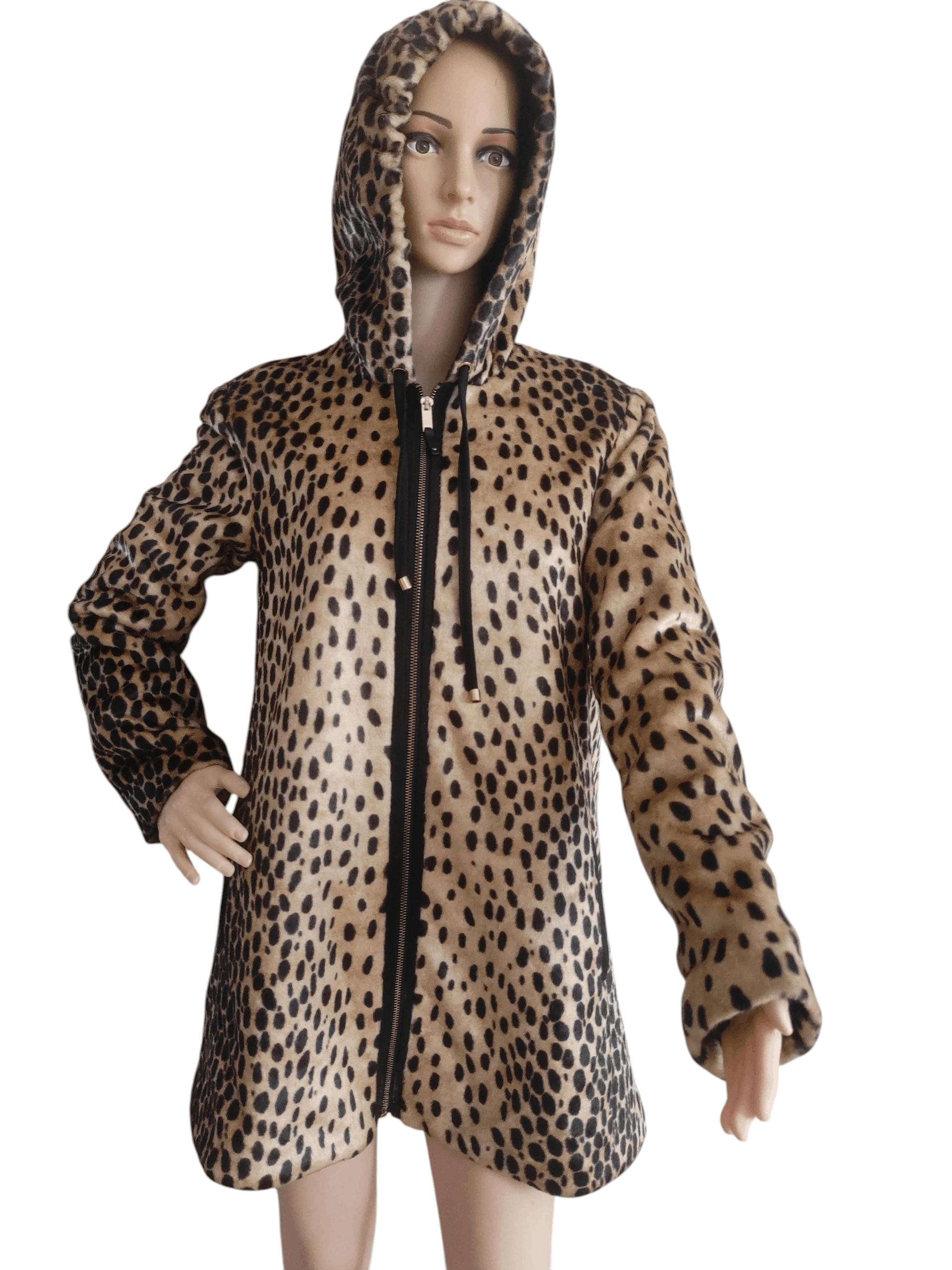 Zara Trafaluc Leopard Print Faux Fur Zip-Up Hooded Coat