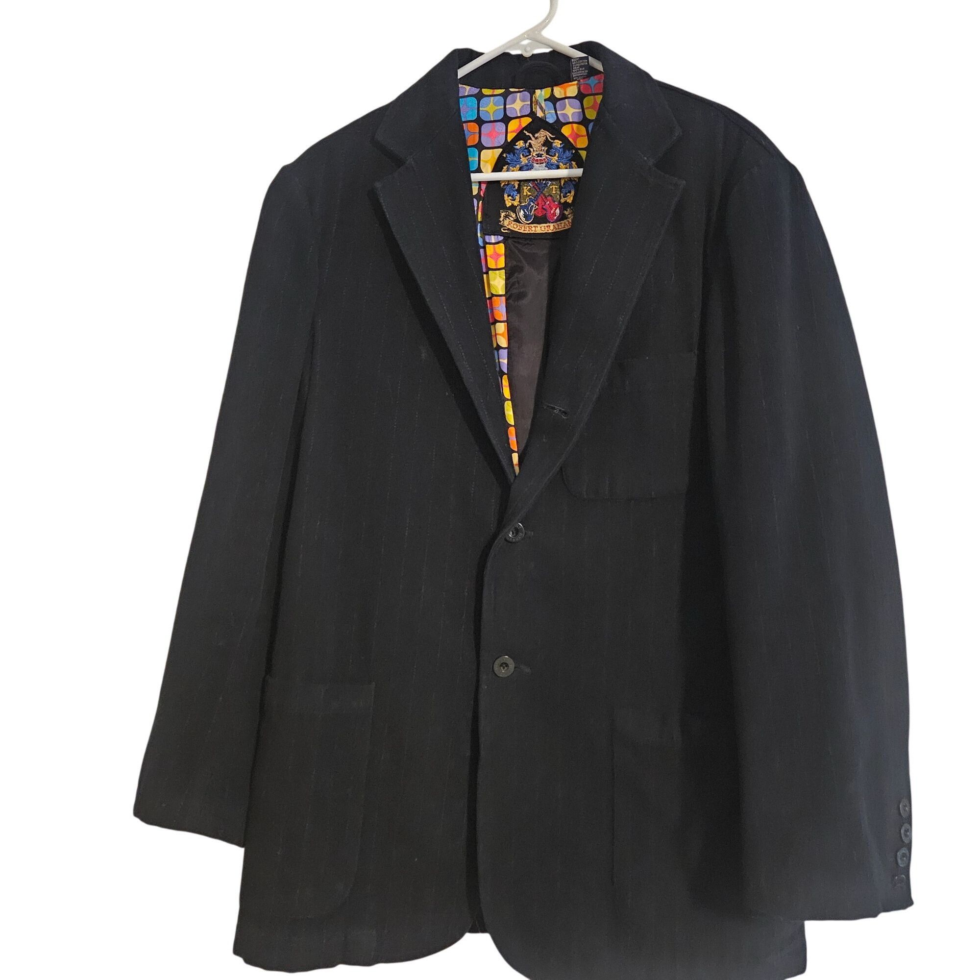 Robert Graham Robert Graham L Black Pinstripe Cotton Silk Trim Jacket Spor Size 42R - 3 Thumbnail