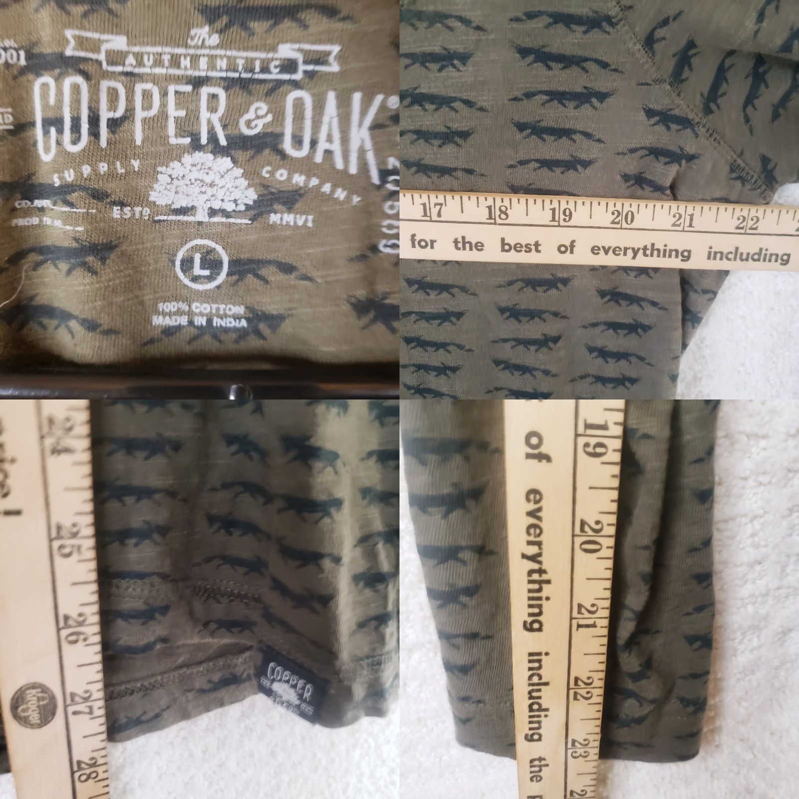 Vintage Copper and Oak Men’s L Army Green Fox Pattern Design Henley Pullover LS Shirt Size US L / EU 52-54 / 3 - 9 Thumbnail