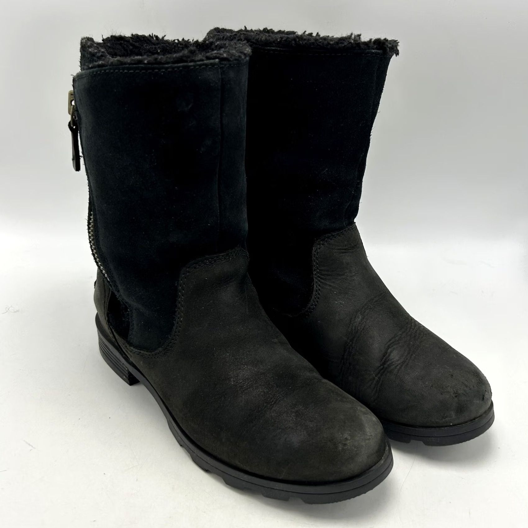 SOREL Sorel Emelie Boots Womens 6 Black Leather Winter Fur Waterproof Mid-Calf Fold Over Block Heel Size US 6 / IT 36 - 4 Thumbnail