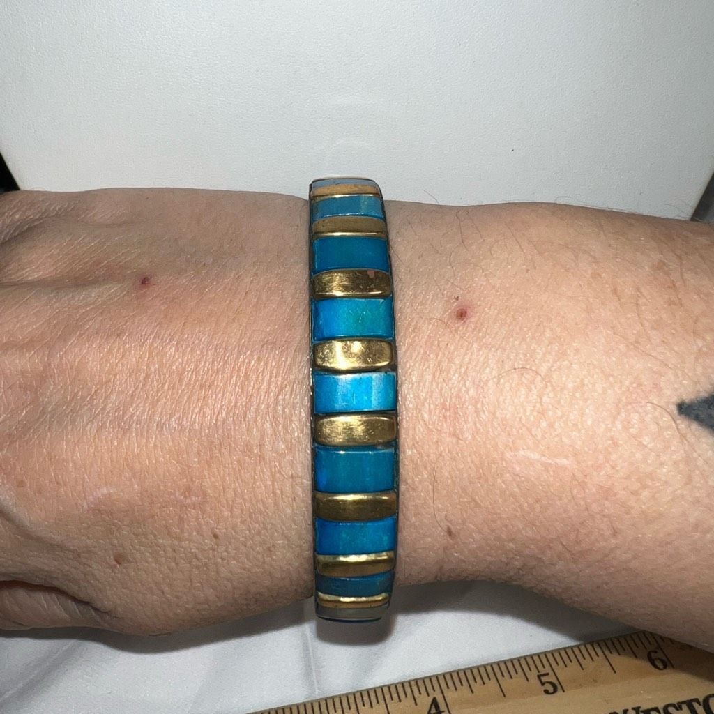 Vintage Vintage Brass and Blue Enameled Bangle Bracelet Size ONE SIZE - 4 Thumbnail