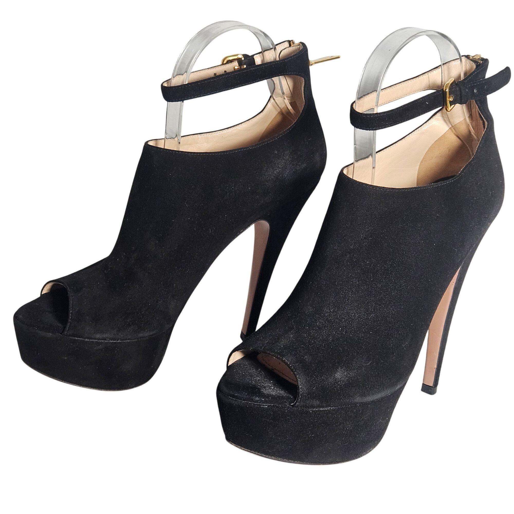 Prada VTG Y2K Prada blk suede peeptoe ankle-strap platform booties Size US 9 / IT 39 - 9 Thumbnail