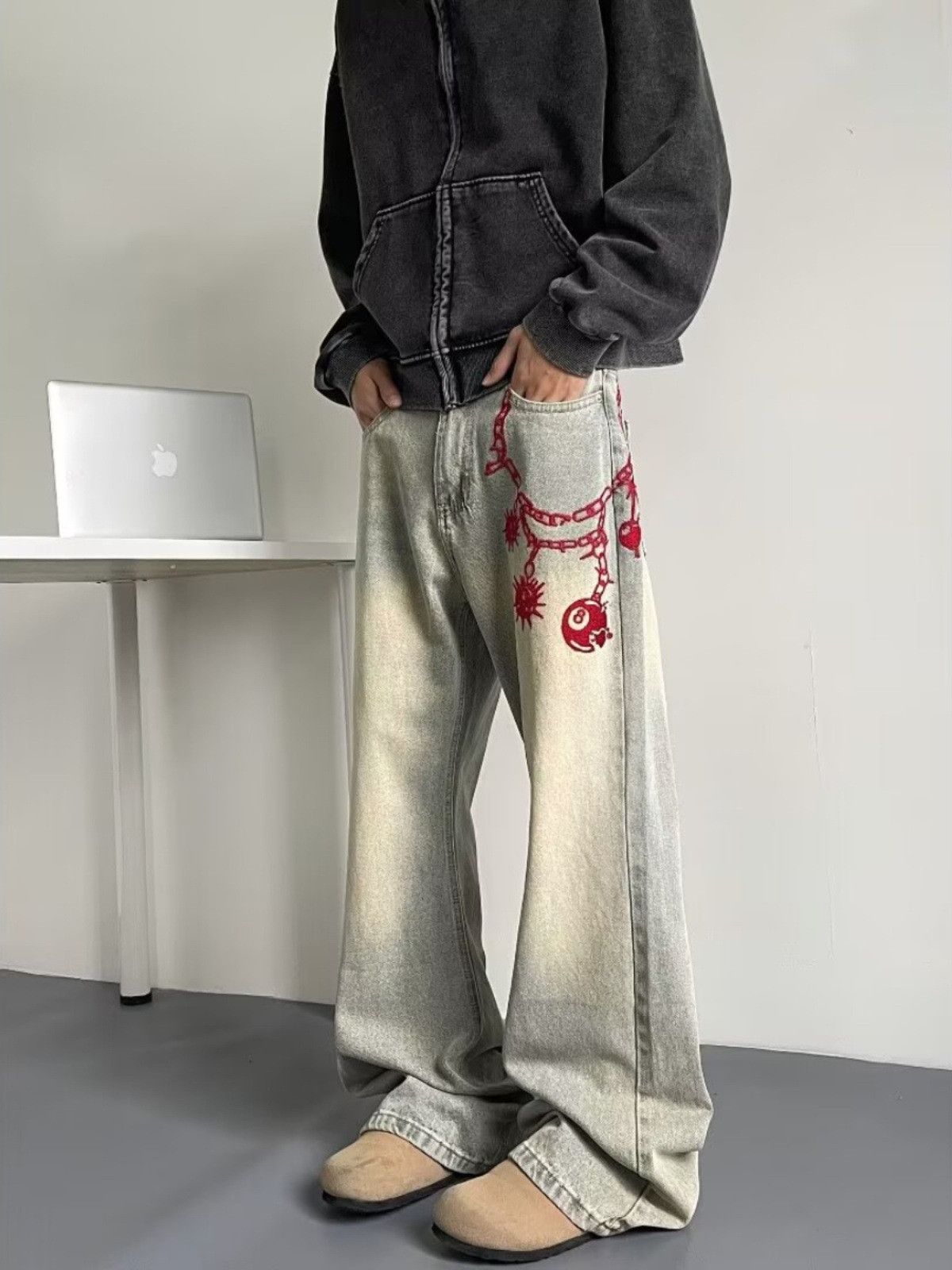 Japanese Brand Retro hip-hop men's straight leg flared embroidered jeans Size US 32 / EU 48 - 2 Thumbnail