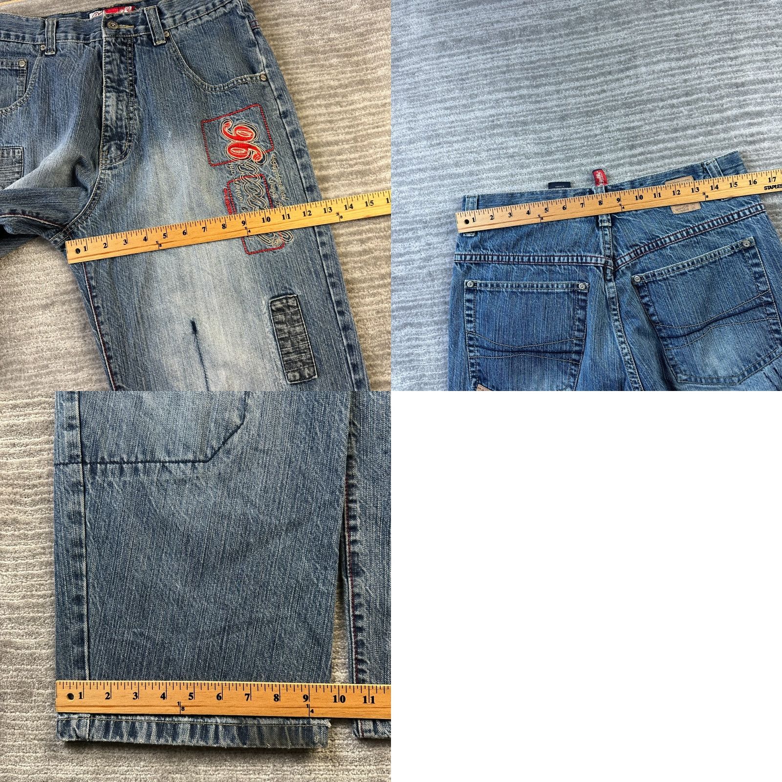 Denime VINTAGE 96 North Jeans Mens 32x31 Denim Baggy Patchwork 5-Pocket Logo Embroidered Blue Cotton Hip Hop Modern Relaxed Straight Leg Wide-Leg Jeans Mens Size US 32 / EU 48 - 9 Thumbnail