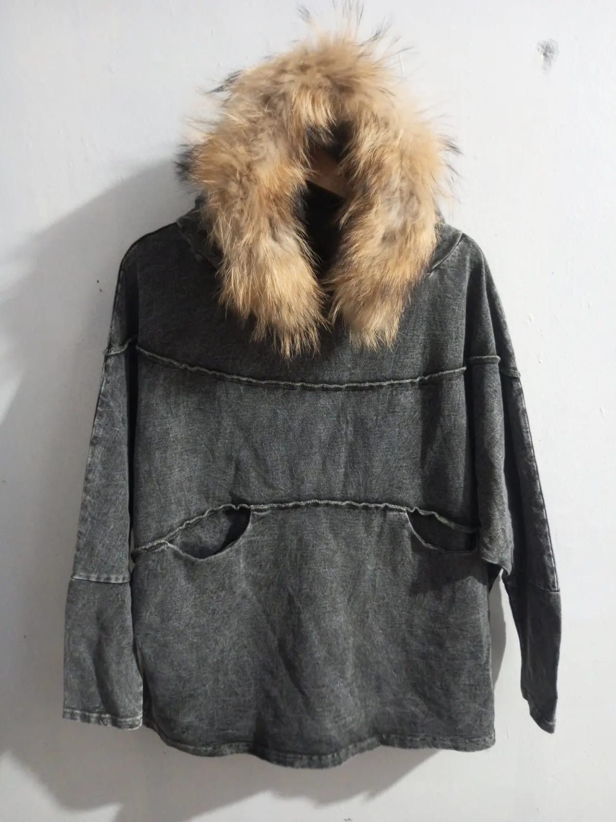 pattern torso denim stretch fur hoodie