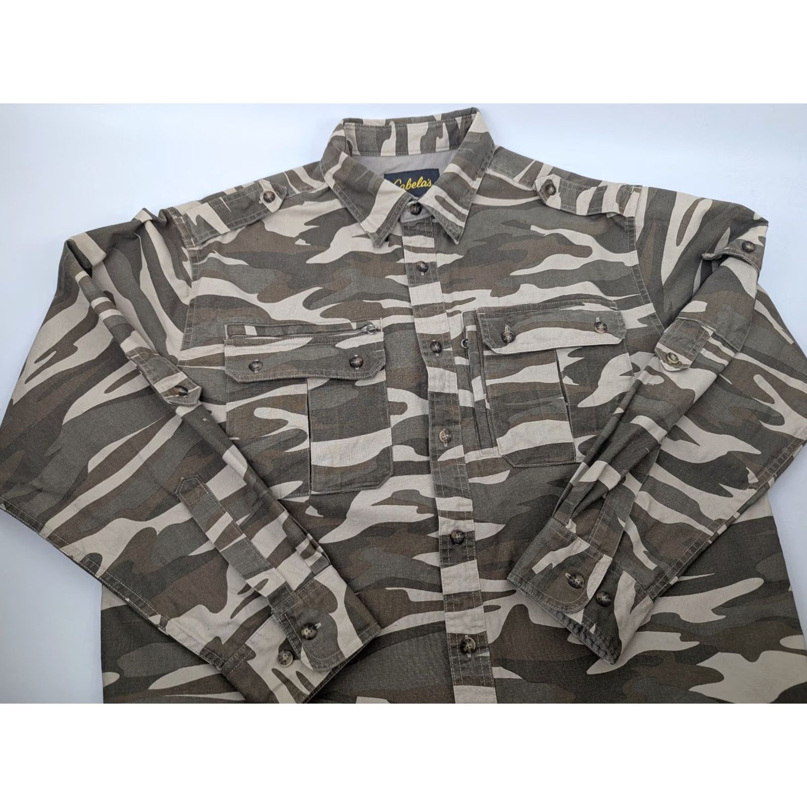 Vintage Cabela's Shirt Men's L Camouflage Button Long Sleeve Utility Field Hunting Military Brown Cotton Canvas Shirt (M) Mens Size US L / EU 52-54 / 3 - 2 Thumbnail