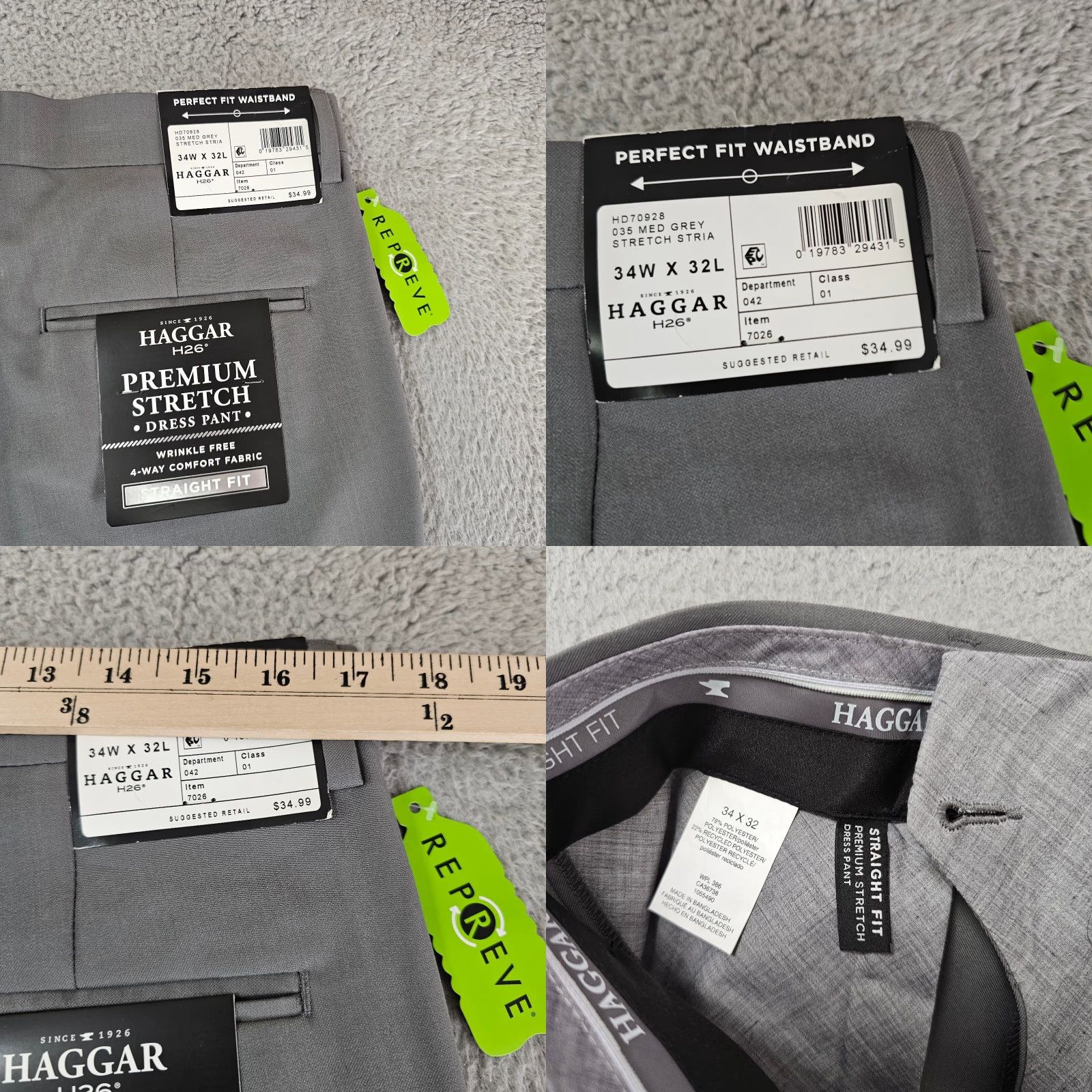 Haggar H26 Dress Pants Mens 34x32 Grey Straight Fit Premium Stretch Travel  - wpequipmentugltd.com