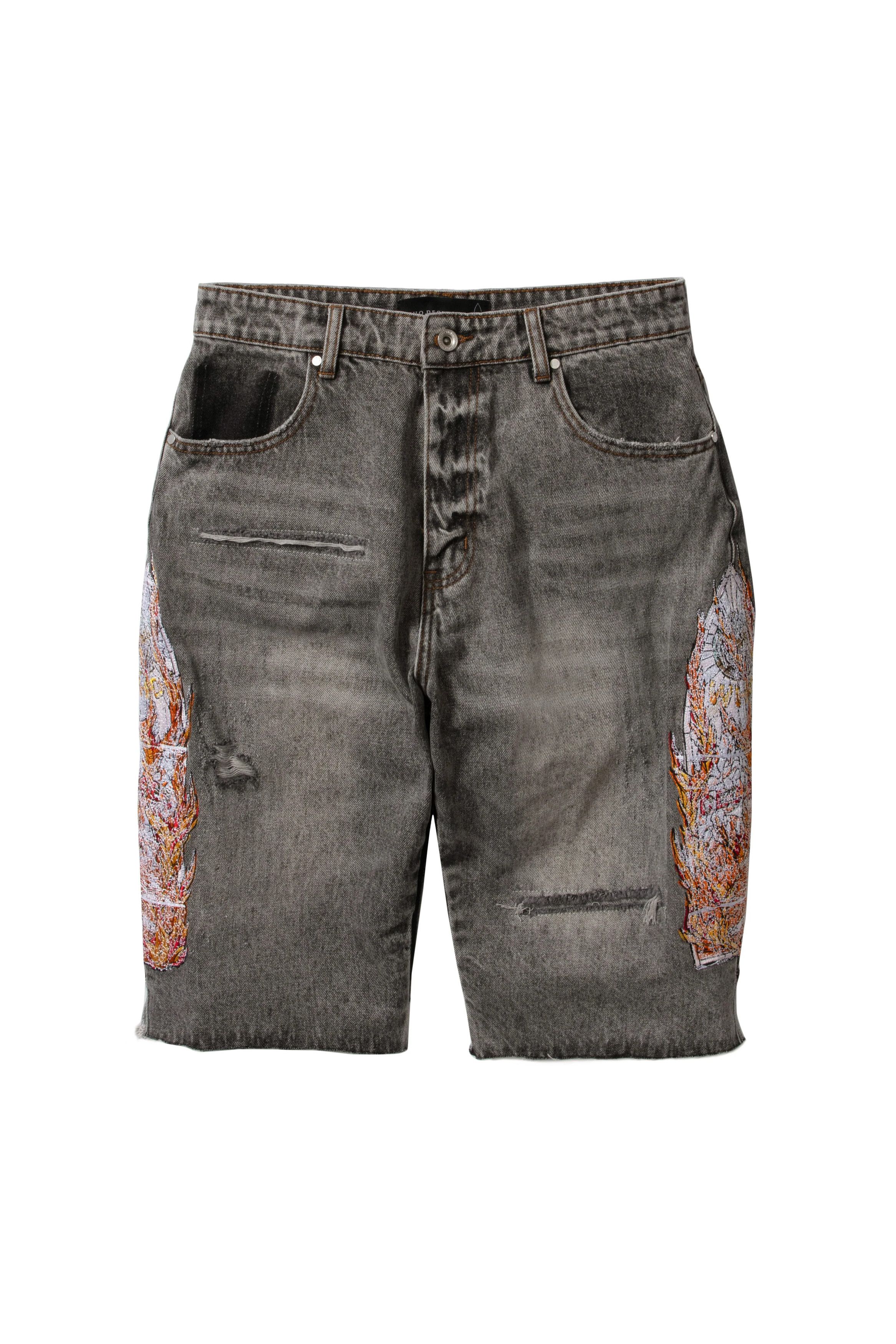 Who Decides War WDW 'Flame Glass' Knee Cover Vintage Grey Jean Short Size US 28 / EU 44 - 1 Thumbnail