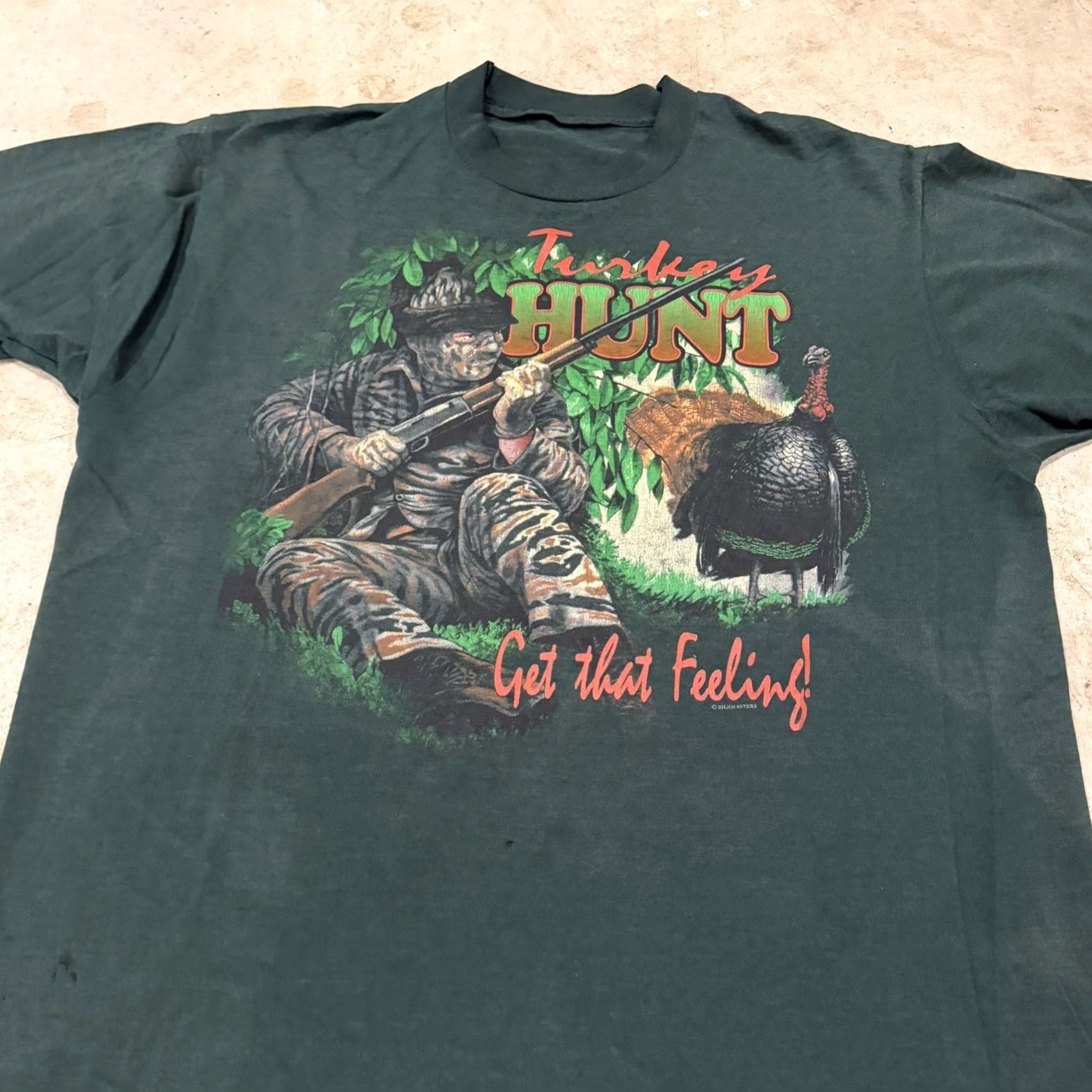 Fruit Of The Loom VINTAGE Silkmasters Turkey Hunt Get the Feeling USA Made T Shirt XL Short Sleeve Green 90s Outdoor Patriotic Men Mens Shirts Size US XL / EU 56 / 4 - 4 Thumbnail