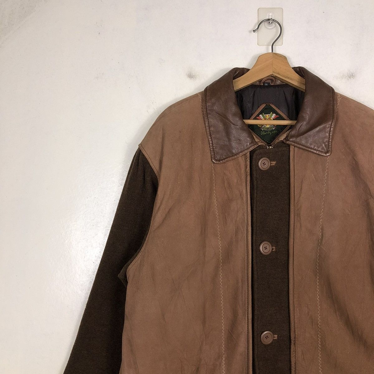 Vintage 📌 WOOL CHORE LEATHER COLLAR JACKET BLUE EFORST ISSEY MIYAKE Size US M / EU 48-50 / 2 - 9 Thumbnail