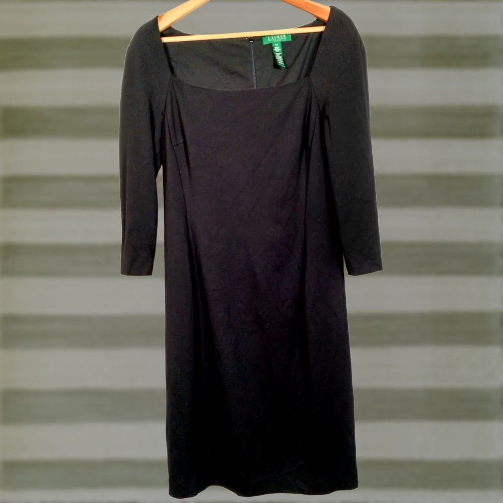 Ralph Lauren Lauren Ralph Lauren Dress Black Knee Length 14 Stretch Rayon Sheath 3/4 Sleeve Square Neck Back Zip Adult Womens Size XL / US 12-14 / IT 48-50 - 1 Thumbnail
