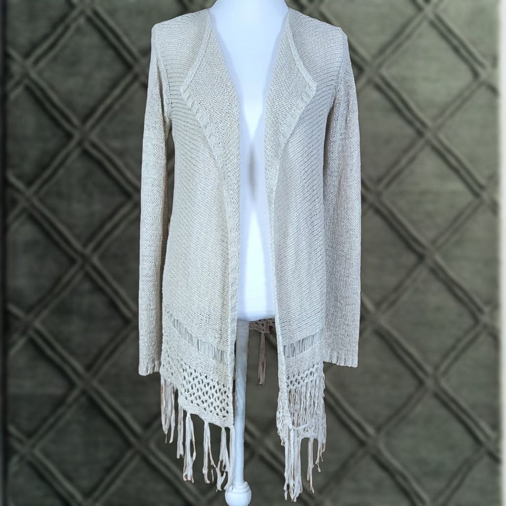 Vintage One Love Womens Top Long Sleeve Fringe Knit Open Cardigan Sweater Beige Size M Size M / US 6-8 / IT 42-44 - 1 Thumbnail