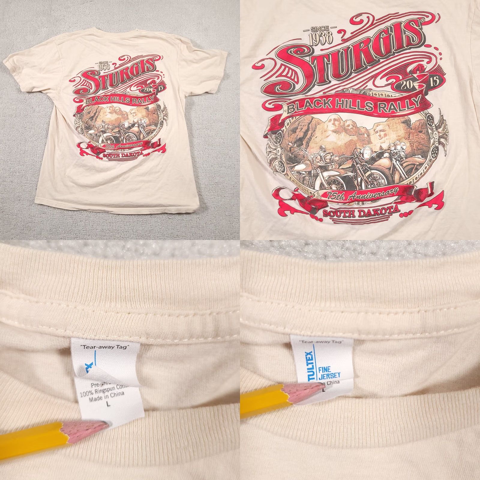 Tultex Sturgis South Dakota Bike Week T-Shirt Men's Large 2015 Rally Motorcycle Grunge Tultex Ivory Cotton Jersey Crew Neck Short Sleeve Vintage No Size US L / EU 52-54 / 3 - 9 Thumbnail