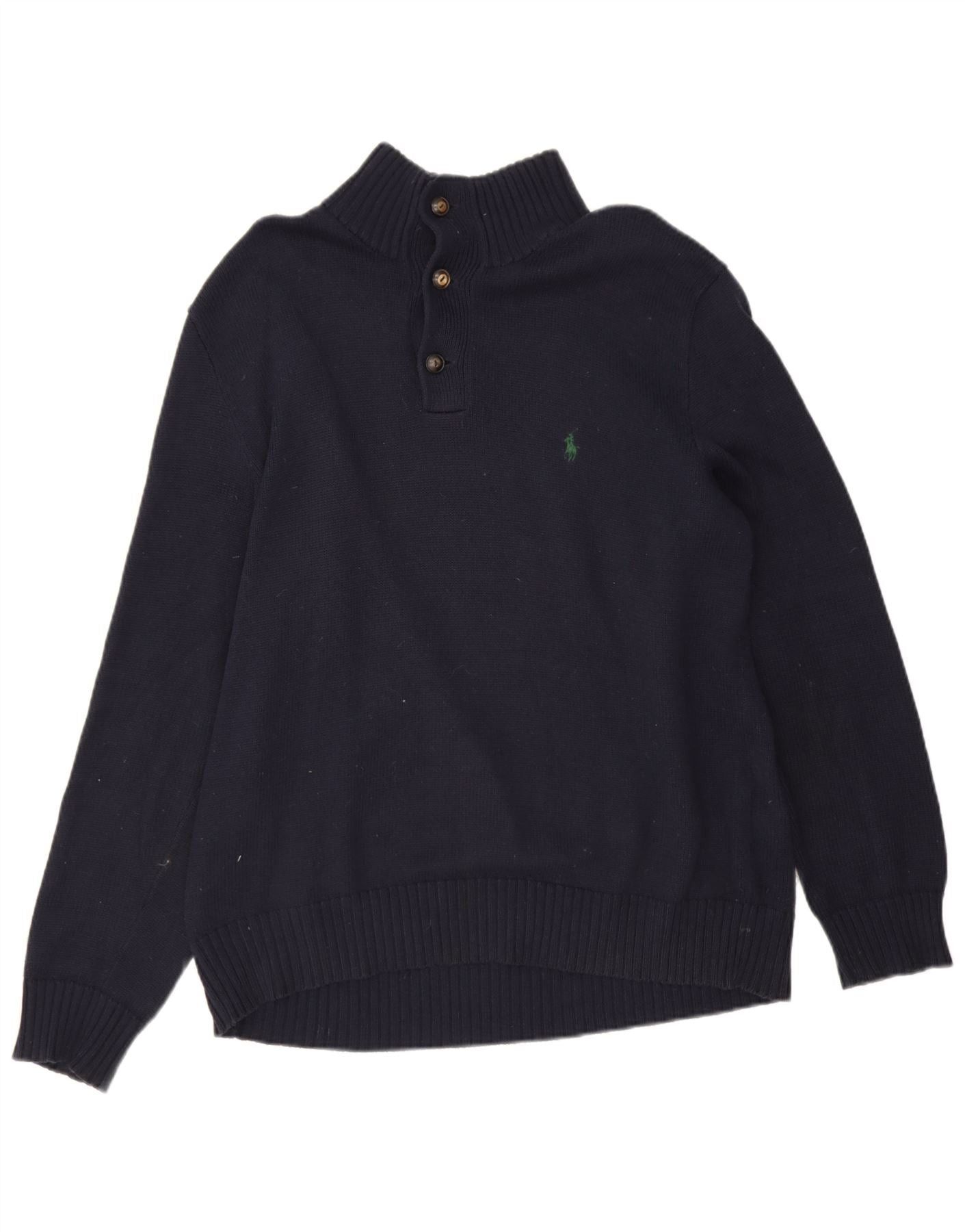 Polo Ralph Lauren Mens Button Neck Jumper Sweater Large Navy Blue Cotton Size US XL / EU 56 / 4 - 1 Thumbnail