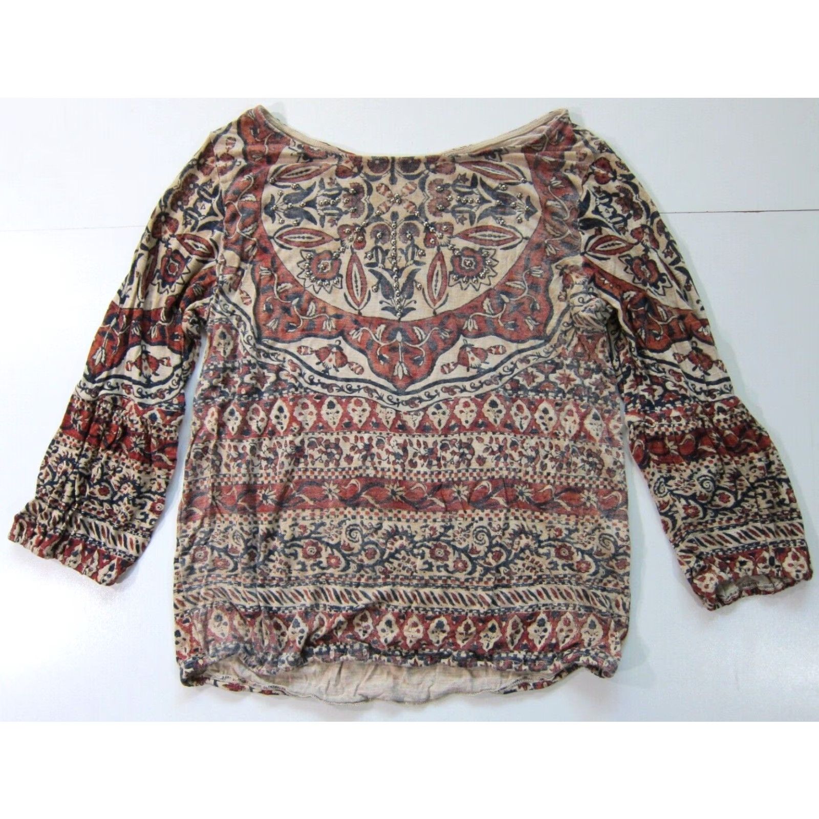 Lucky Brand Lucky Brand Blouse Geometric Beaded Batik Scoop Neck 3/4 Sleeve Grey Brown Women M Size M / US 6-8 / IT 42-44 - 2 Thumbnail