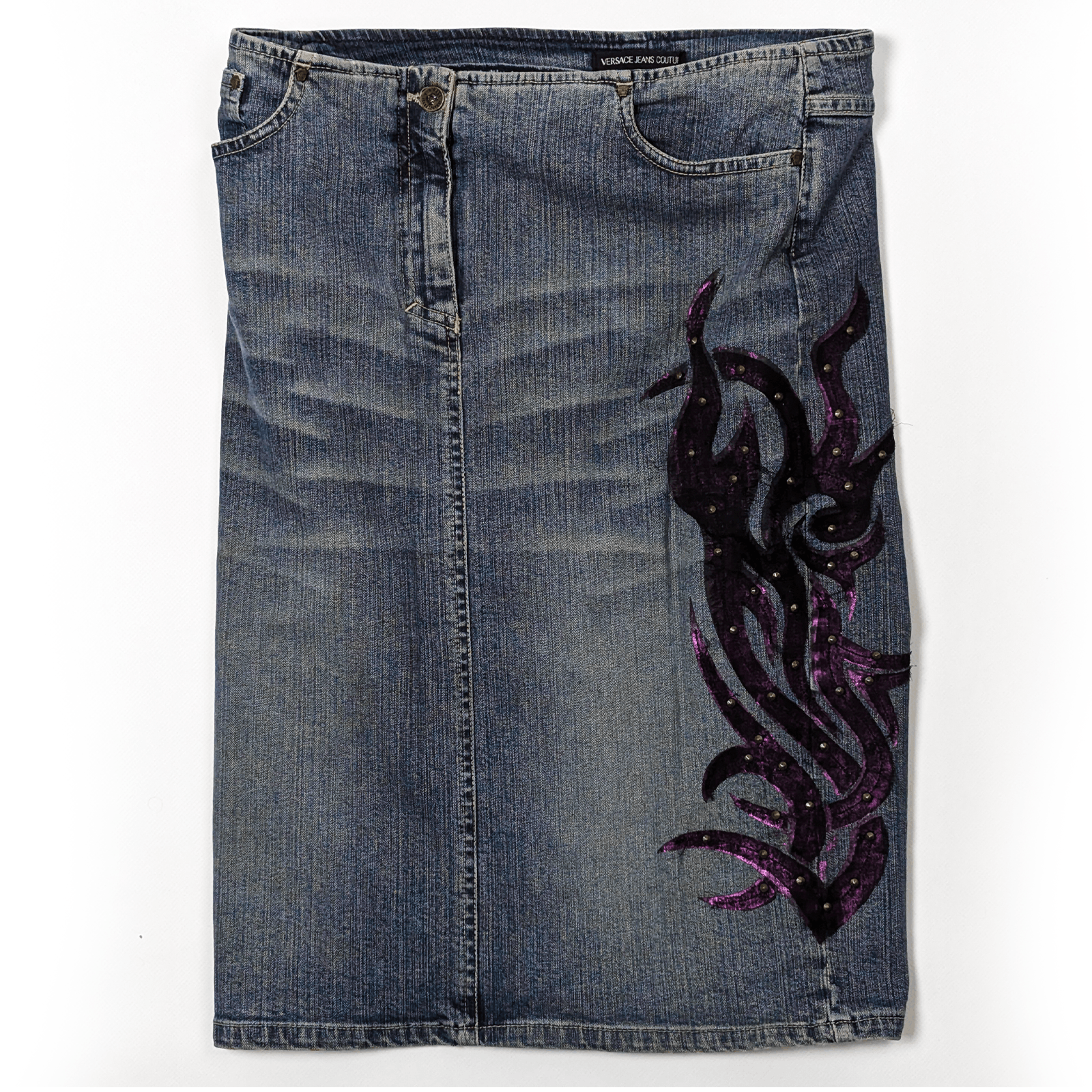Versace Jeans Couture Versace Y2K Rhinestone Tribal Vintage 00s Denim Skirt 28/S-M Size 28" / US 6 / IT 42 - 2 Thumbnail